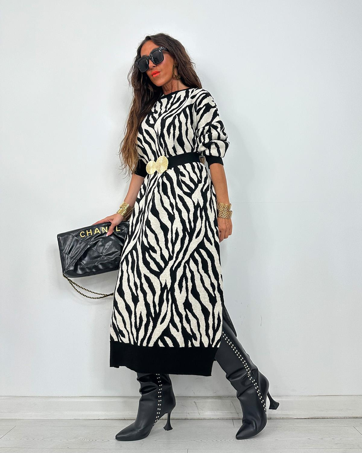 Zebra Triko Elbise Siyah Beyaz