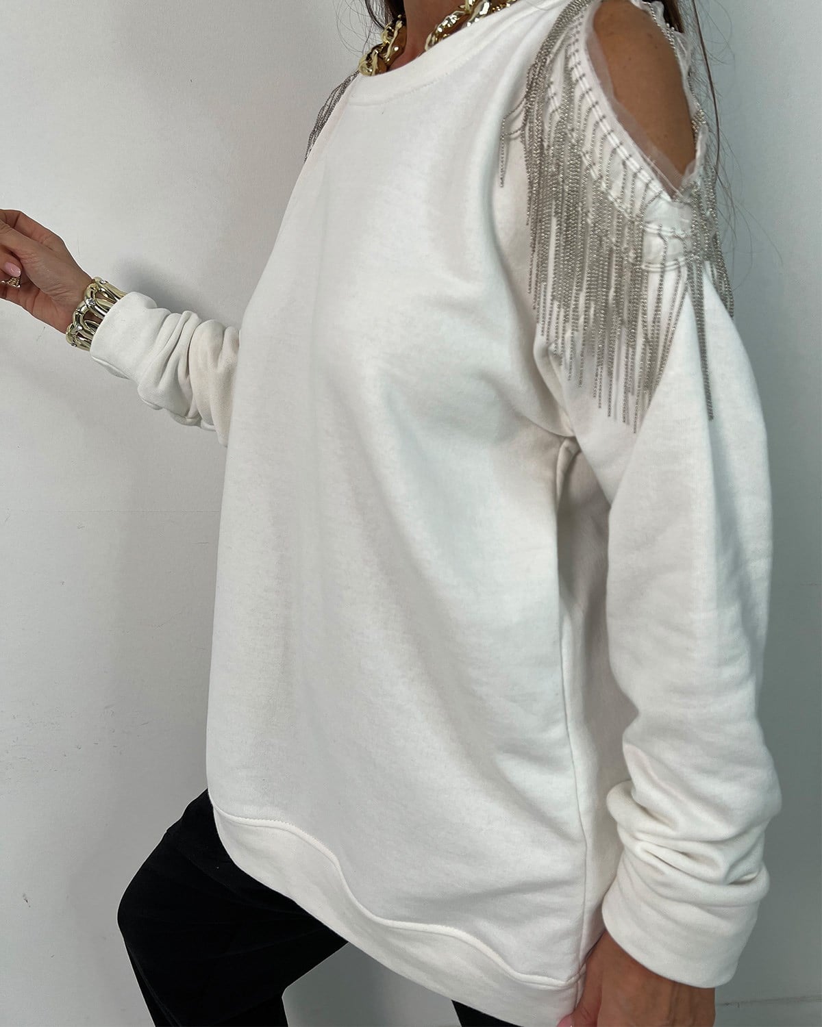 Zincirli Sweatshirt Beyaz