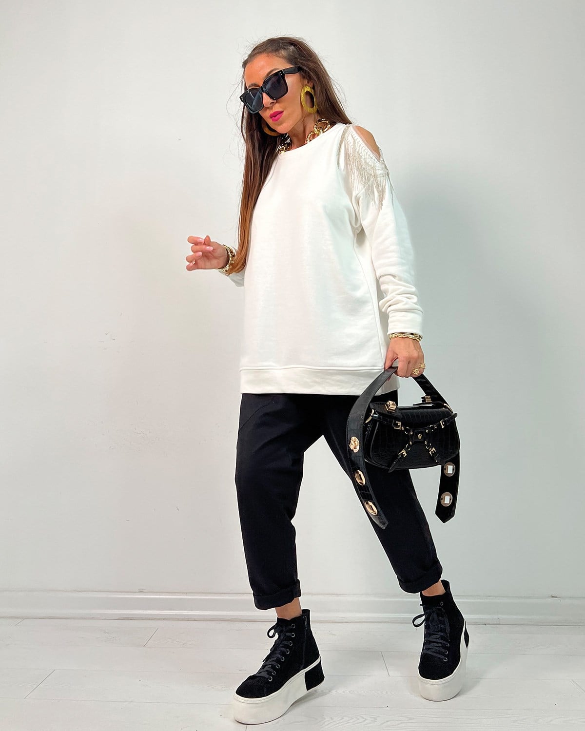 Zincirli Sweatshirt Beyaz