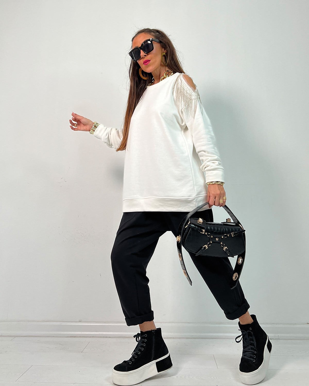 Zincirli Sweatshirt Beyaz