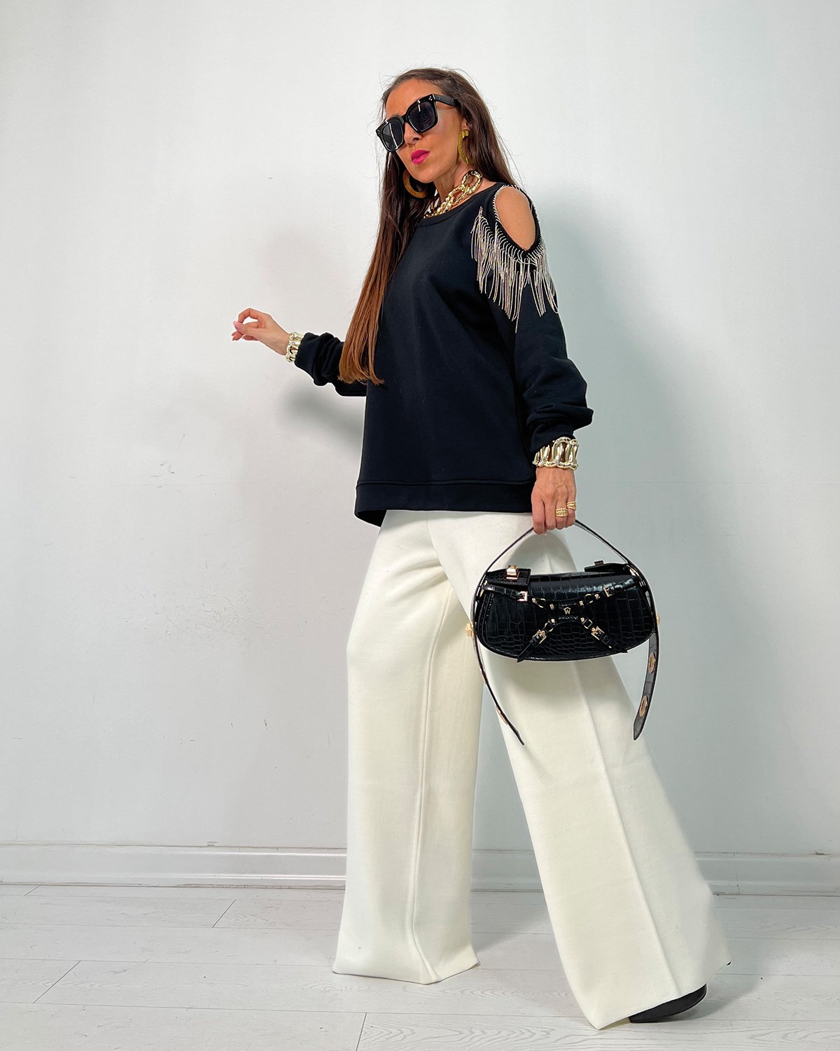 Zincirli Sweatshirt Siyah