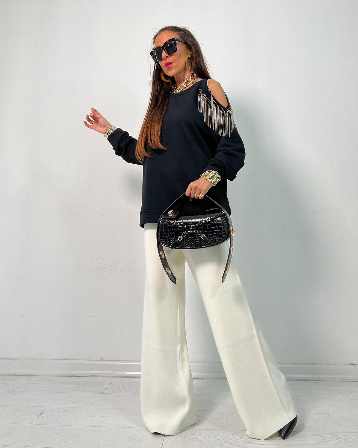 Zincirli Sweatshirt Siyah