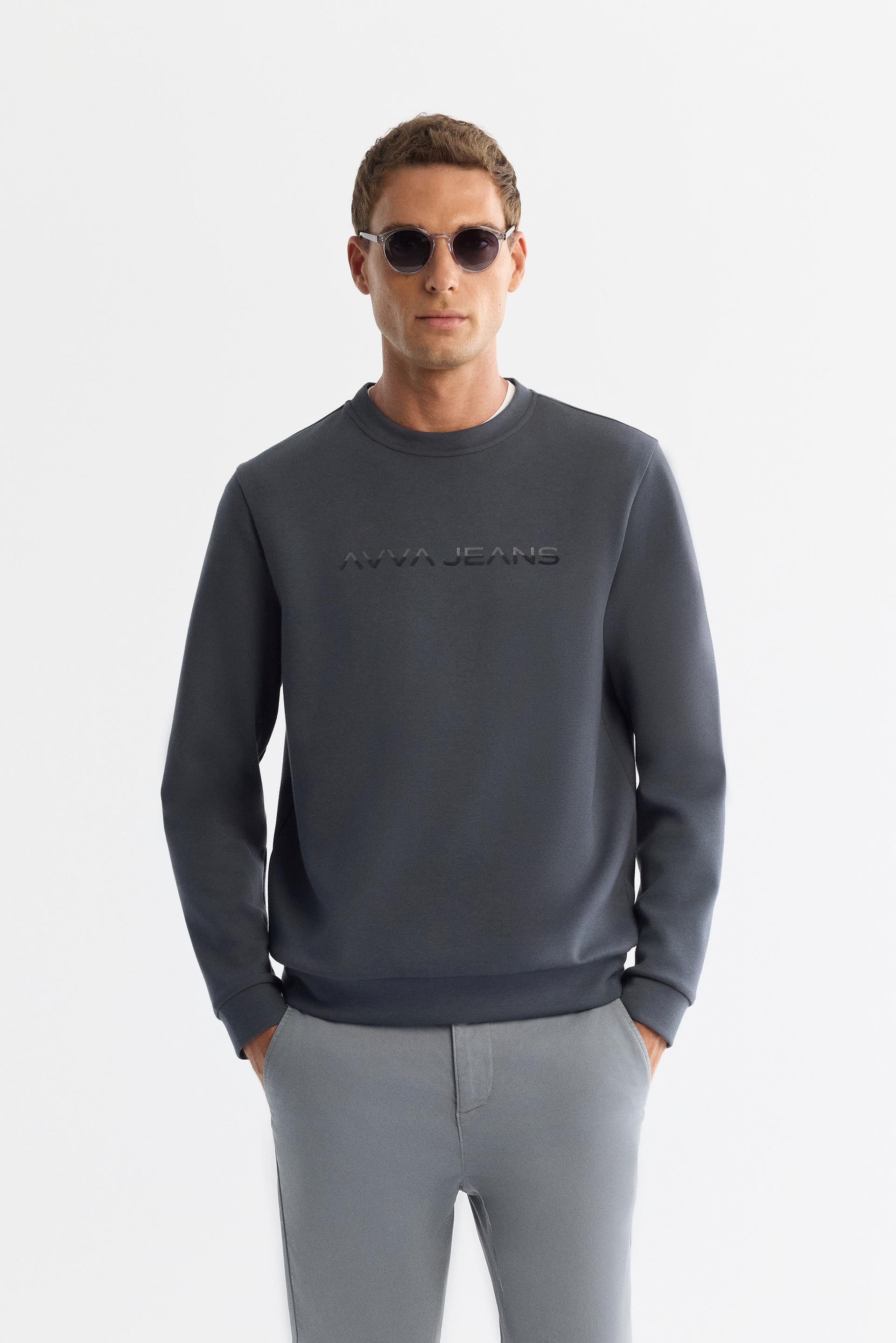 Antrasit Bisiklet Yaka Pamuklu Baskılı Sweatshirt