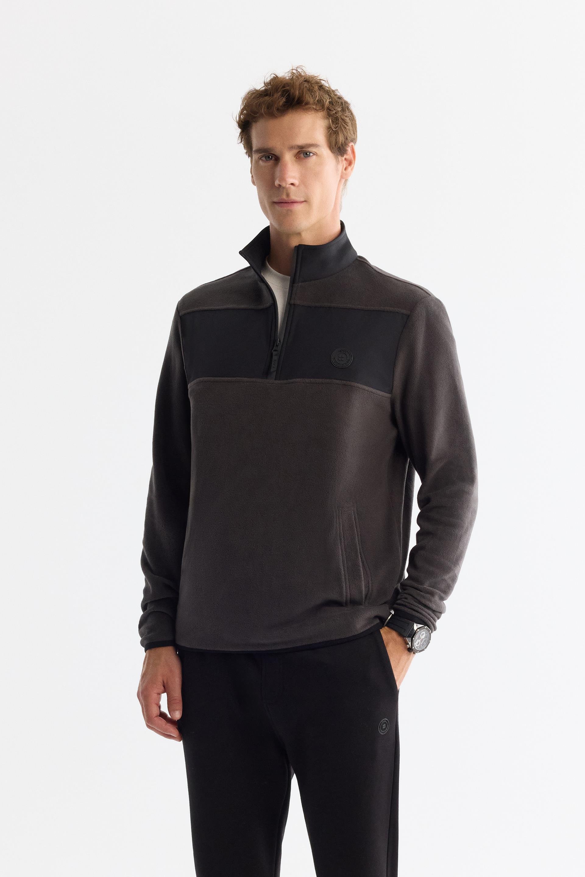 Antrasit Fermuarlı Dik Yaka Polar Sweatshirt