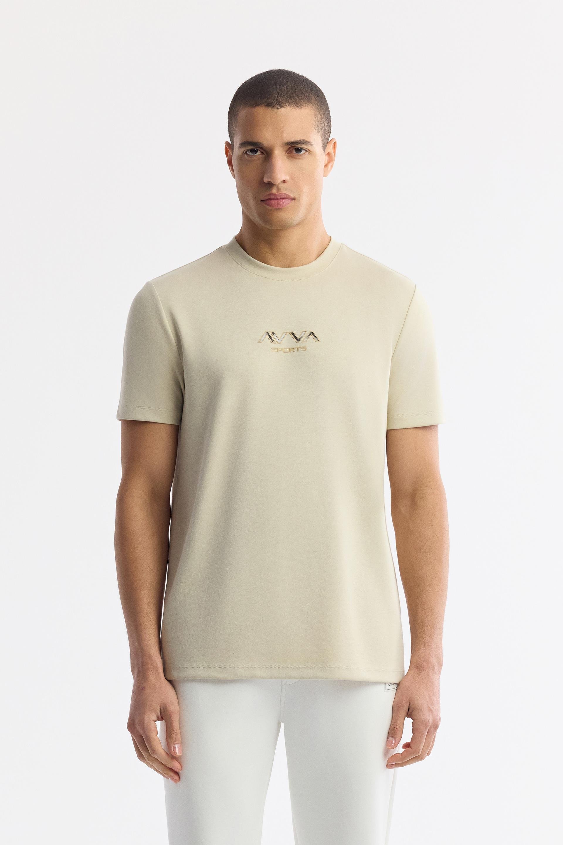 Bej Bisiklet Yaka Hologram Baskılı İnterlok T-Shirt