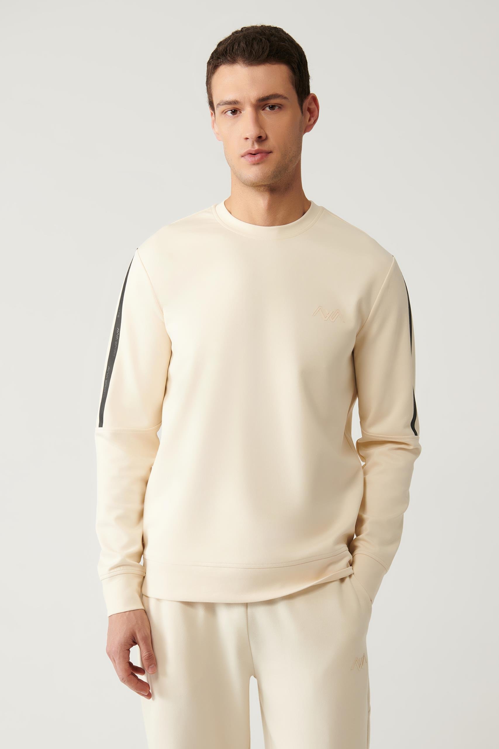 Bej Bisiklet Yaka İnterlok Kumaş Baskılı Regular Fit Sweatshirt