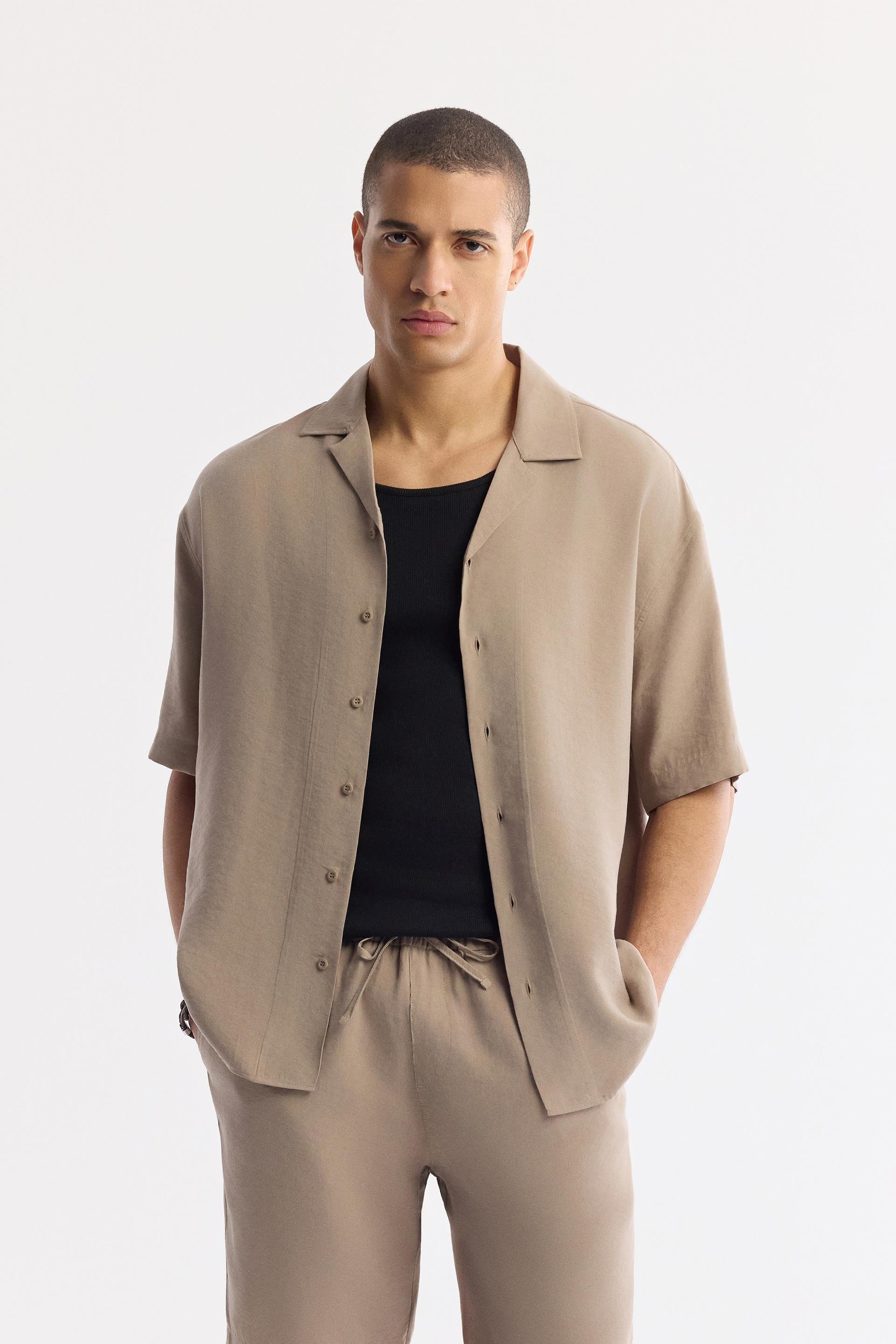 Bej Küba Yaka Modal Karışımlı Oversize Fit Kısa Kol Gömlek