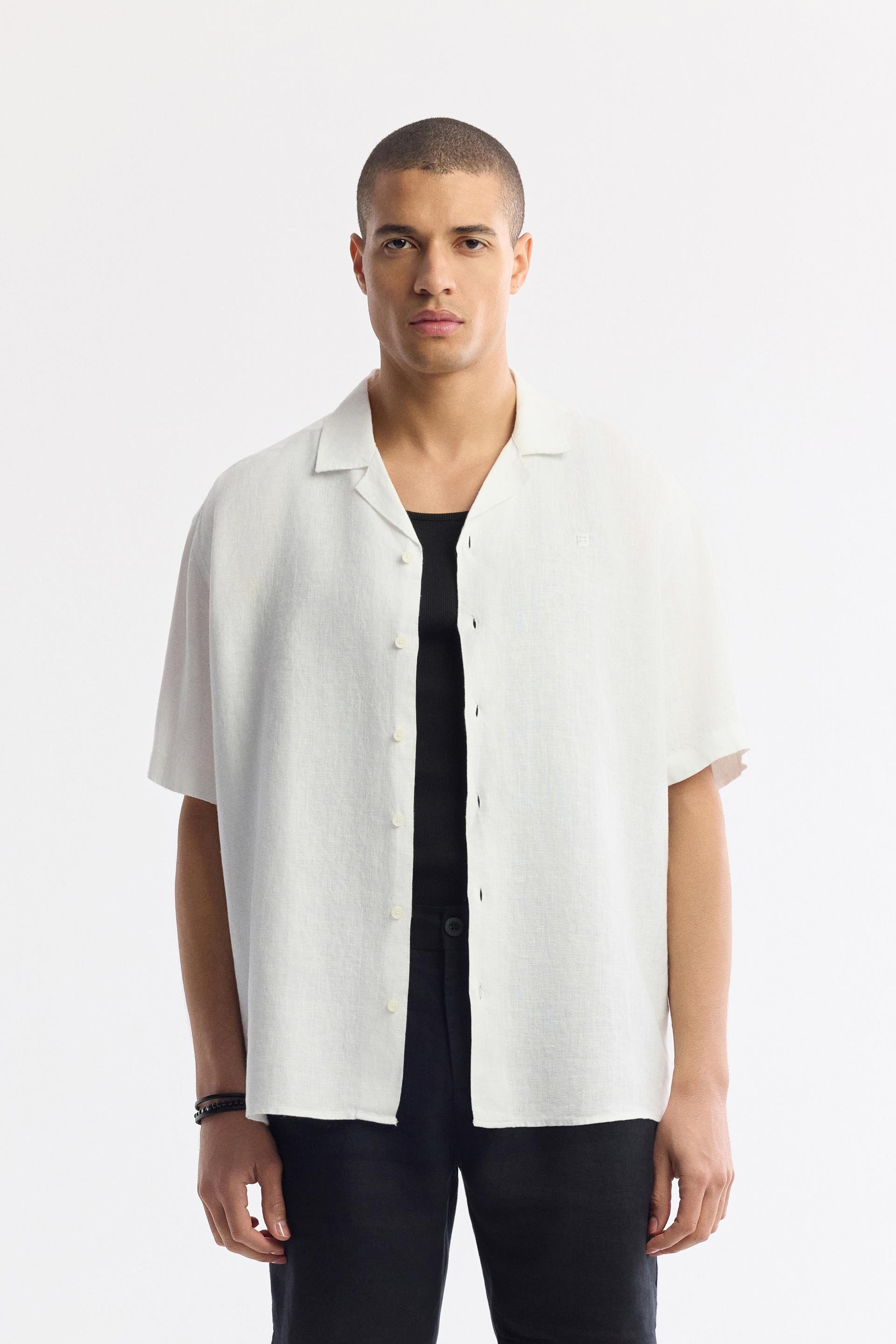 Beyaz Küba Yaka %100 Keten Kısa Kol Rahat Kesim Oversize Fit Kısa Kol Gömlek