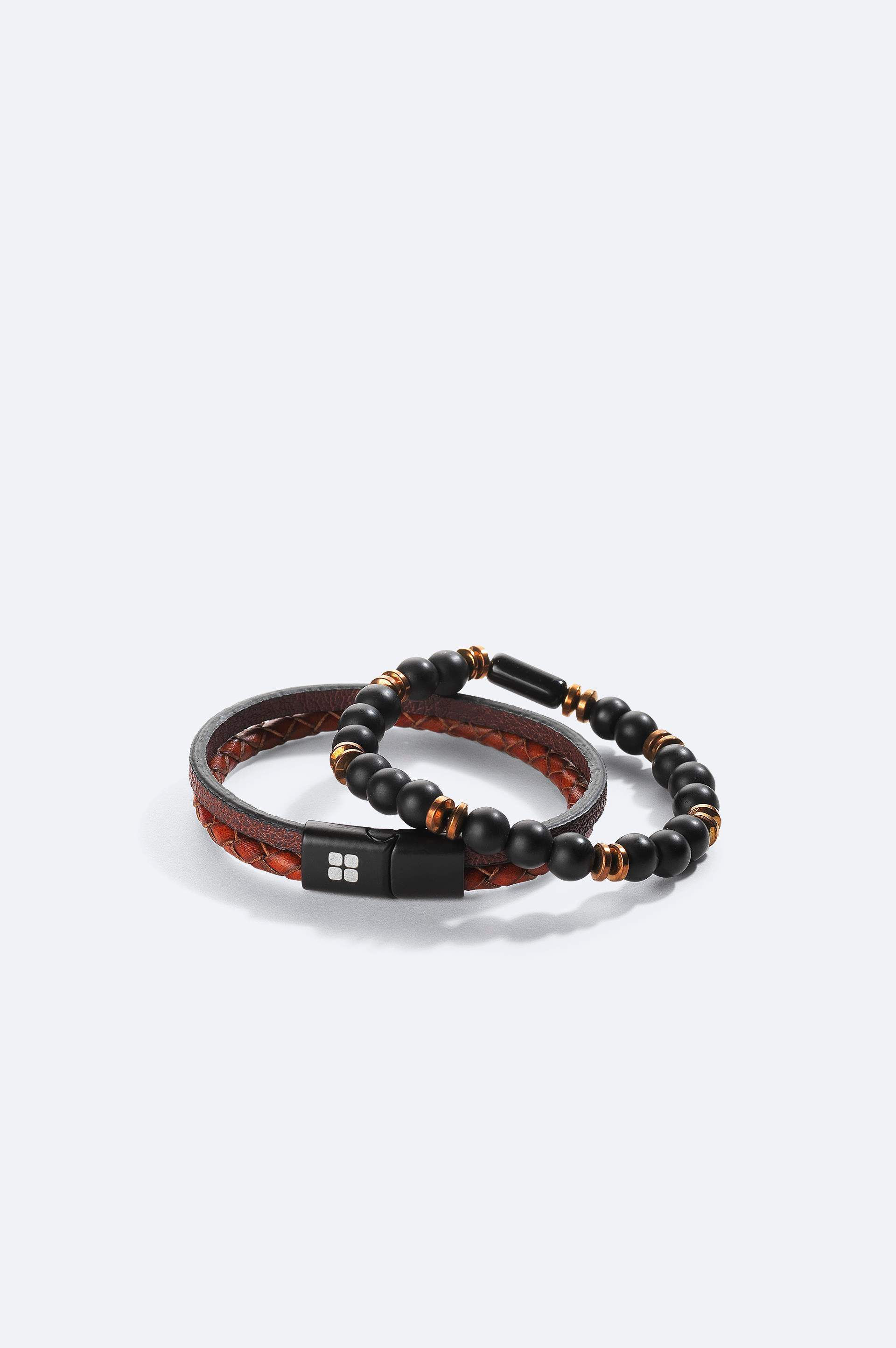 Bordo 2'li %100 Deri ve Onix Taşlı Bileklik