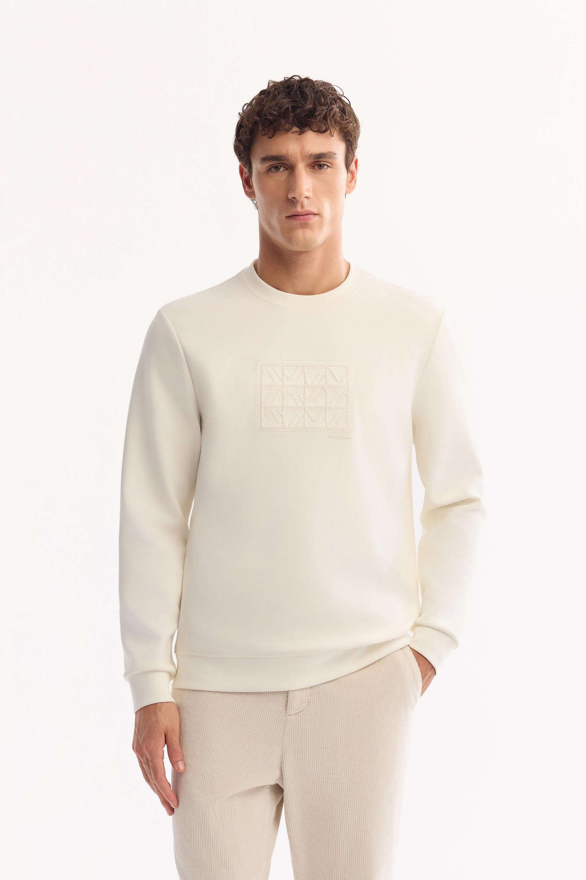 Ekru Bisiklet Yaka Aplike Baskı   İnterlok Sweatshirt
