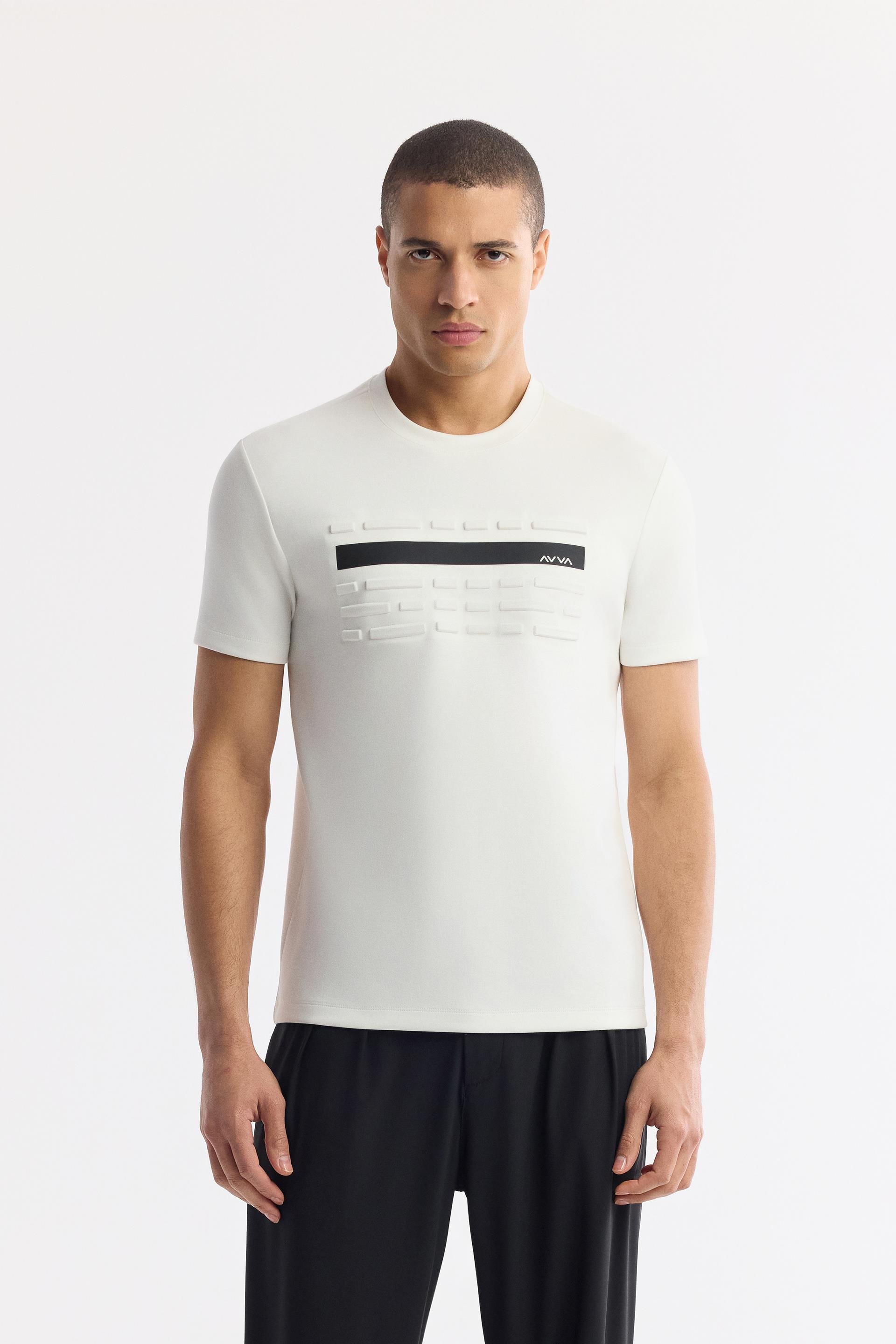 Ekru Bisiklet Yaka Flexi & Gofre Baskı Detaylı İnterlok T-Shirt