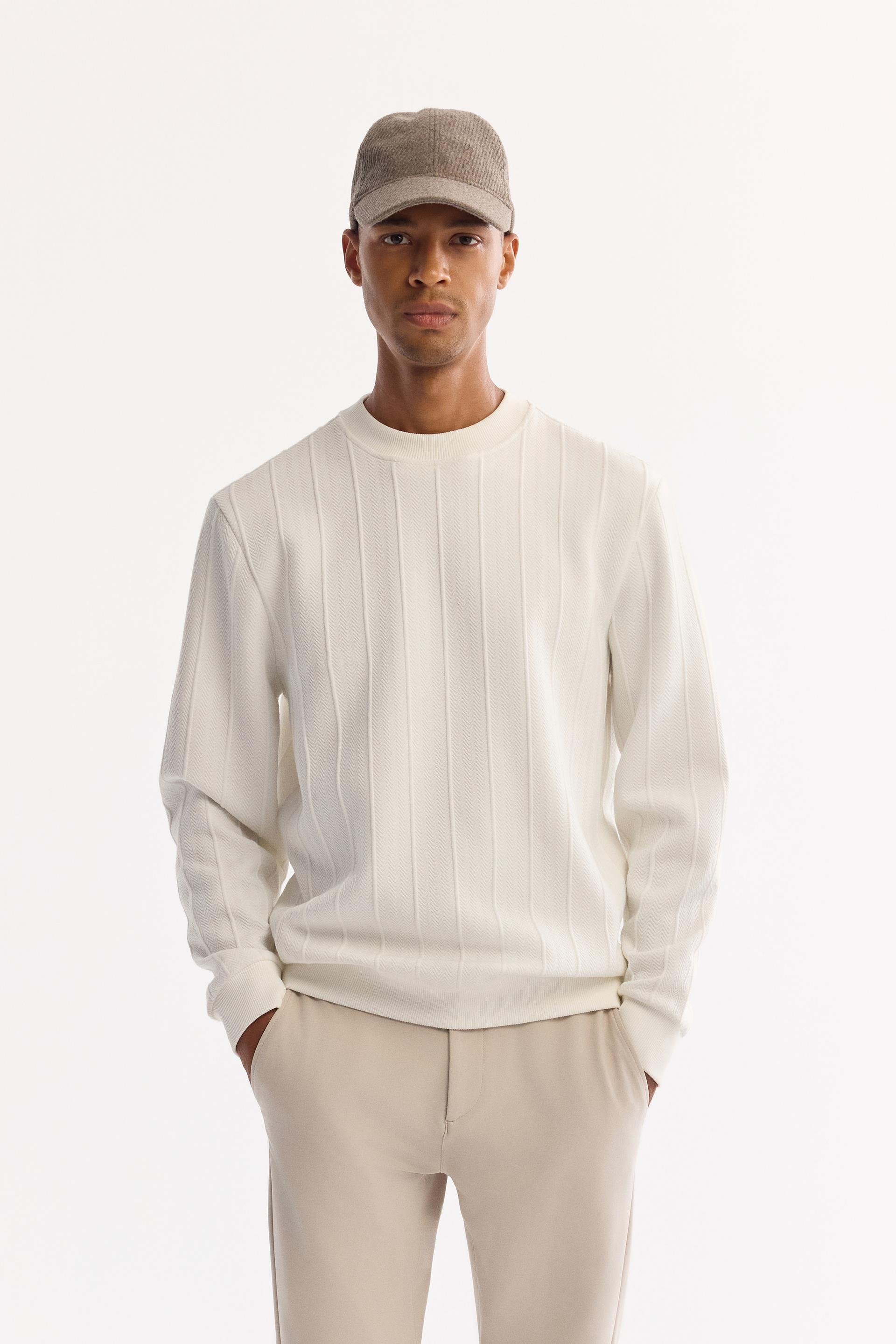 Ekru Bisiklet Yaka Jakarlı Sweatshirt