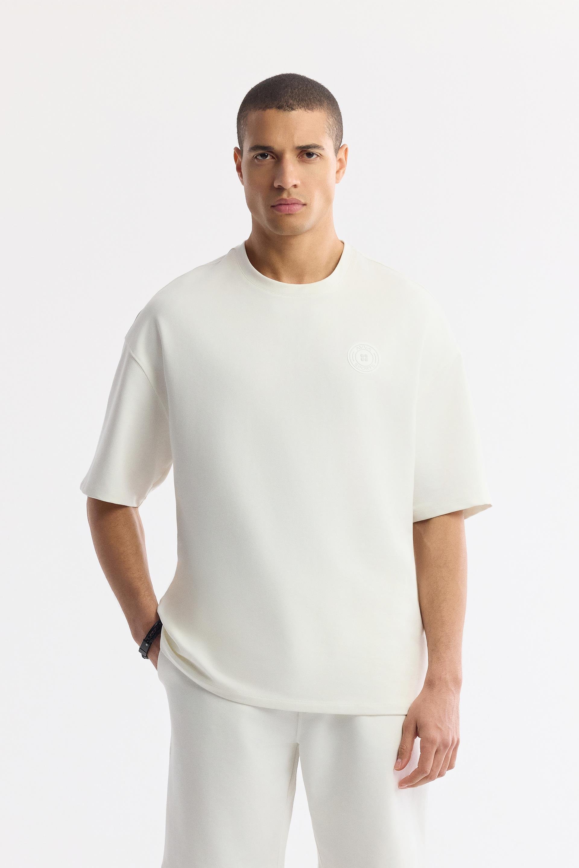 Ekru Bisiklet Yaka Oversize Aplike Baskı Detaylı 2'İplik T-Shirt