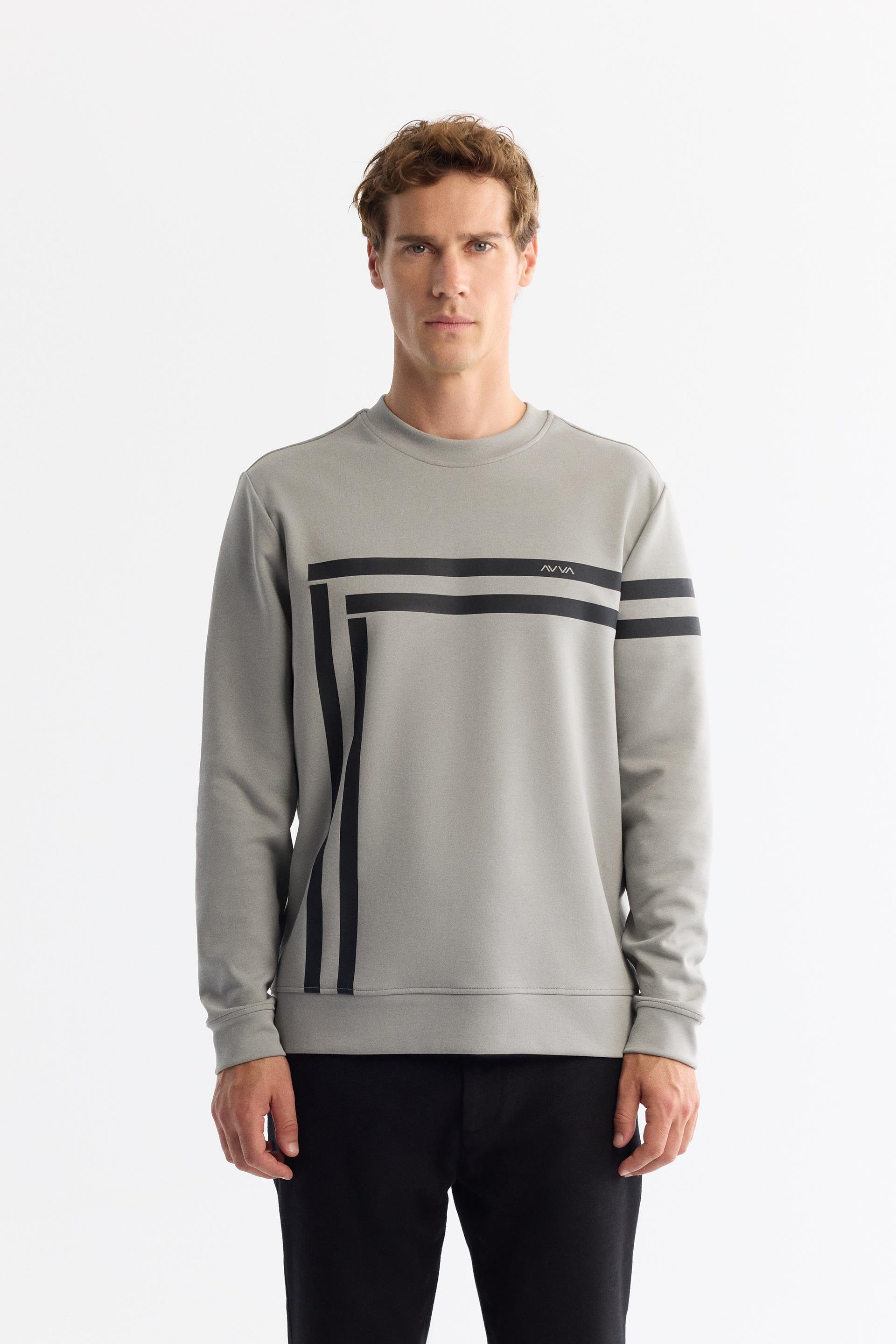 Gri Bisiklet Yaka Baskılı Sweatshirt