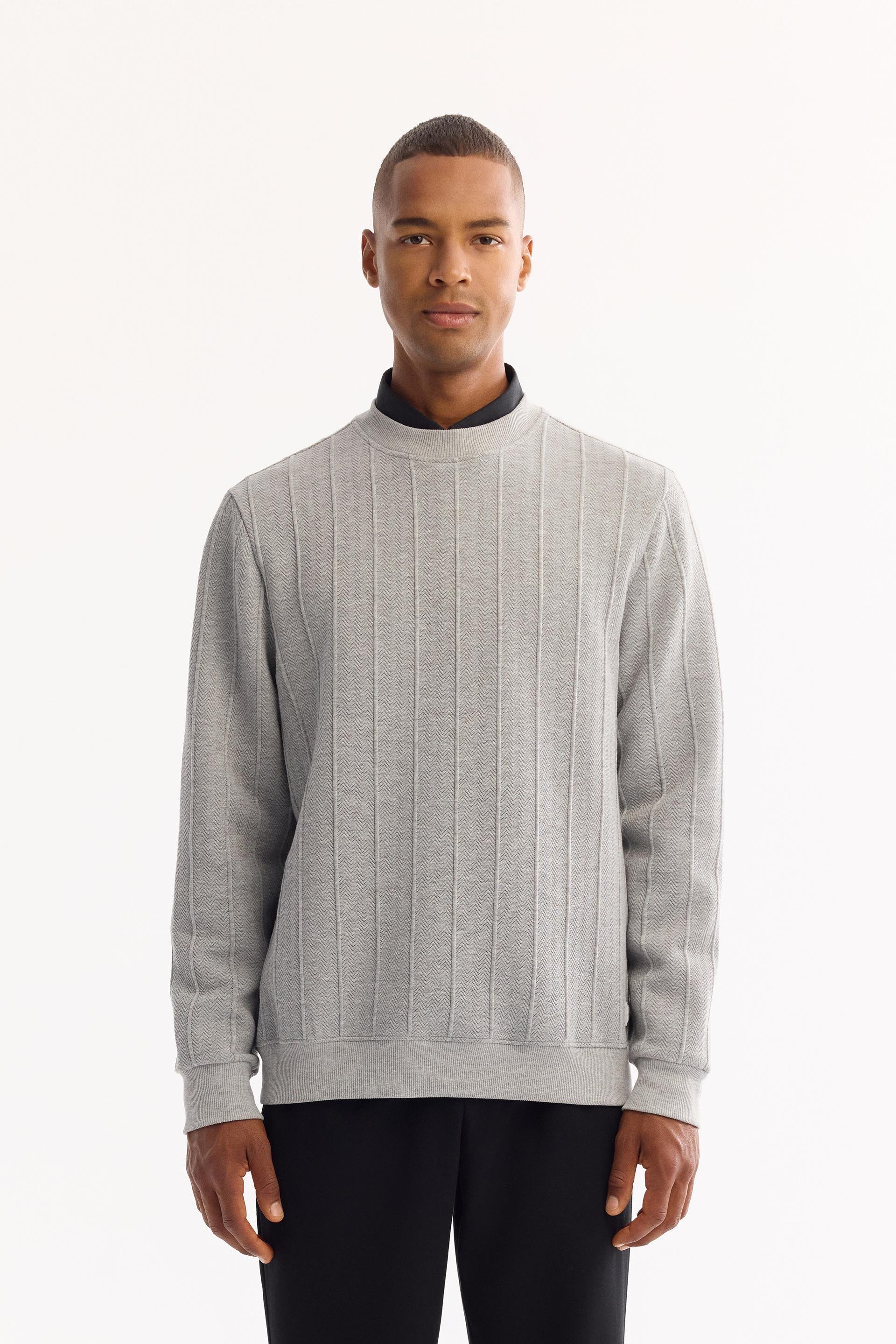 Gri Bisiklet Yaka Jakarlı Sweatshirt