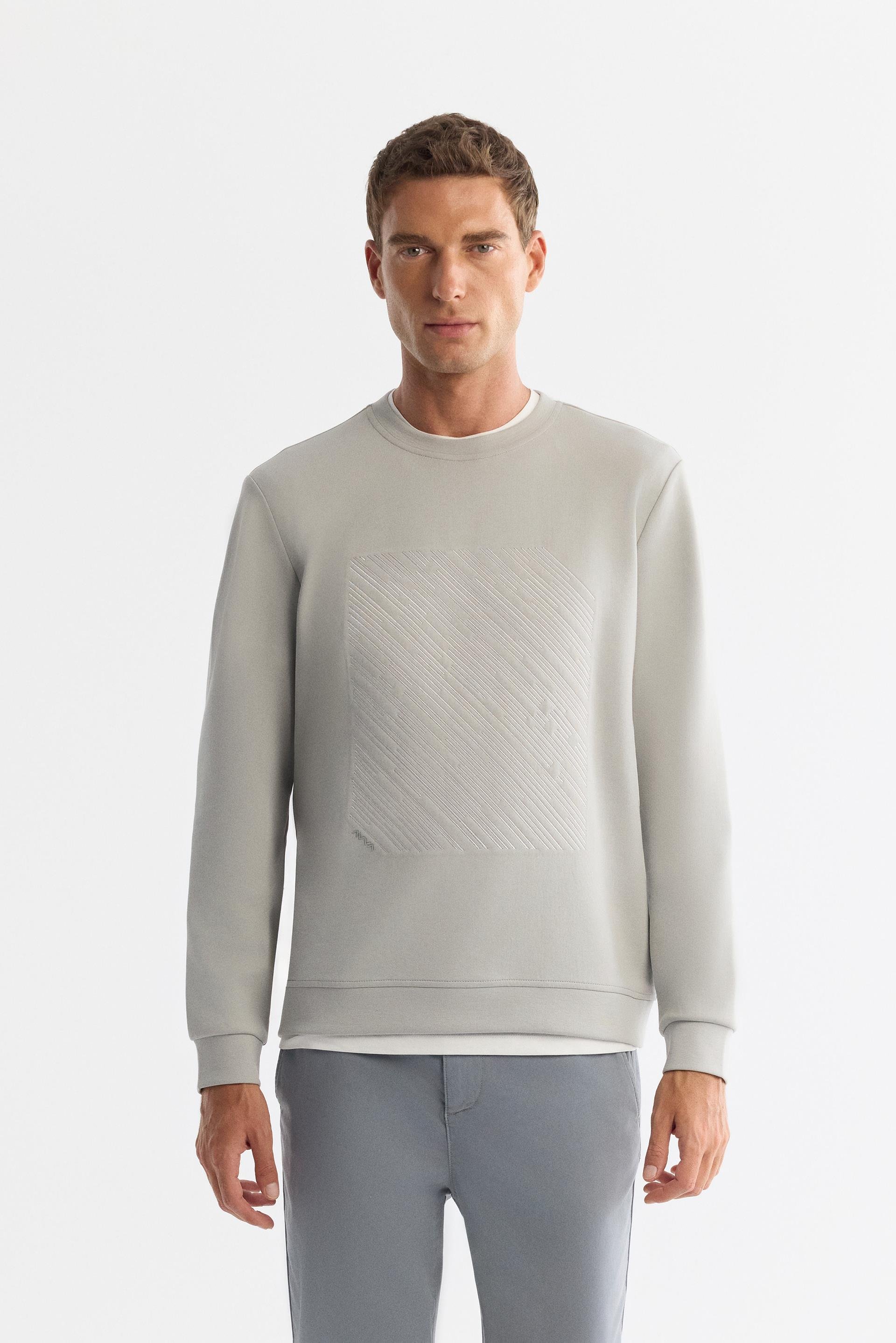 Gri Bisiklet Yaka Pamuklu Baskılı Sweatshirt