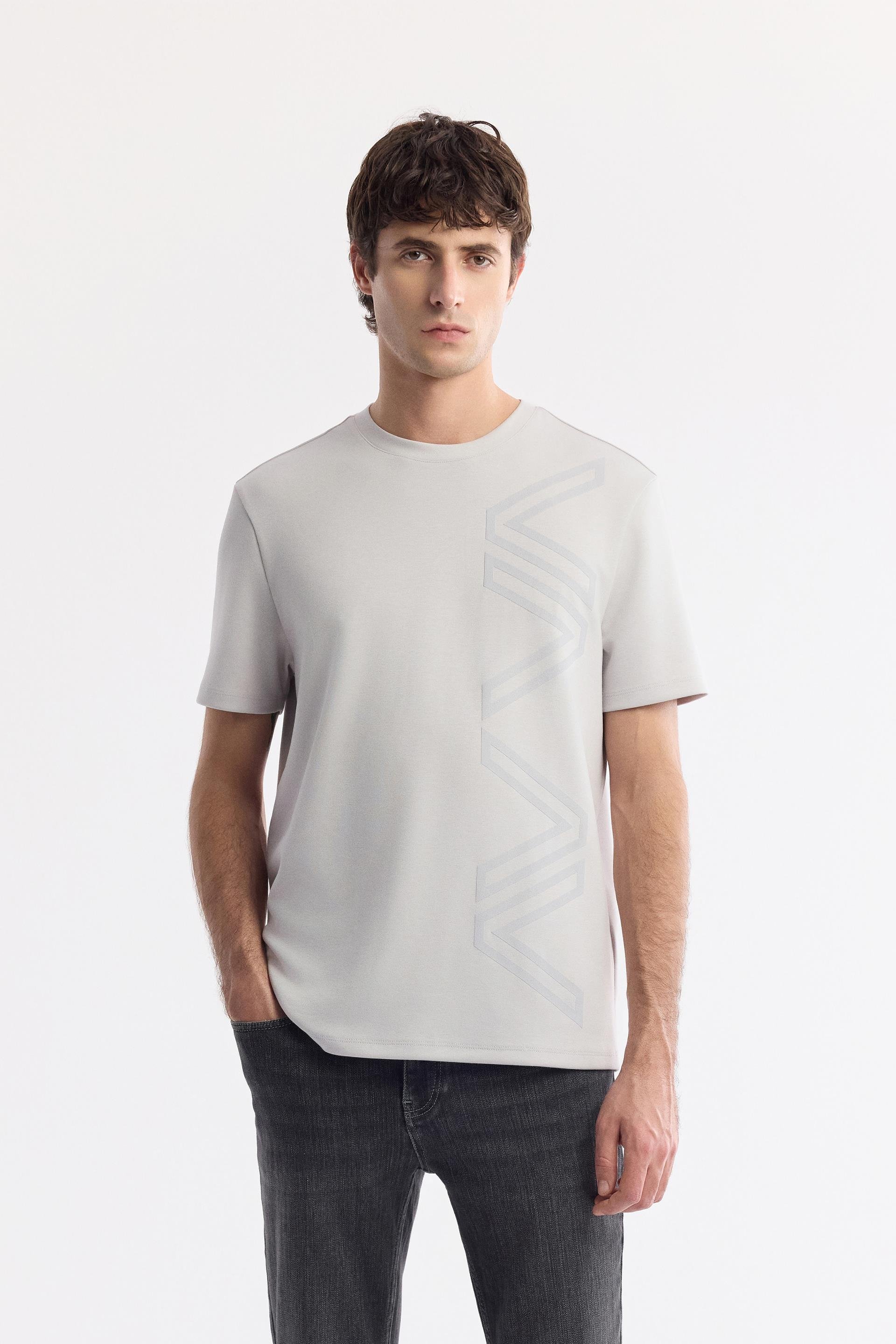Gri Bisiklet Yaka Puff Print T-Shirt