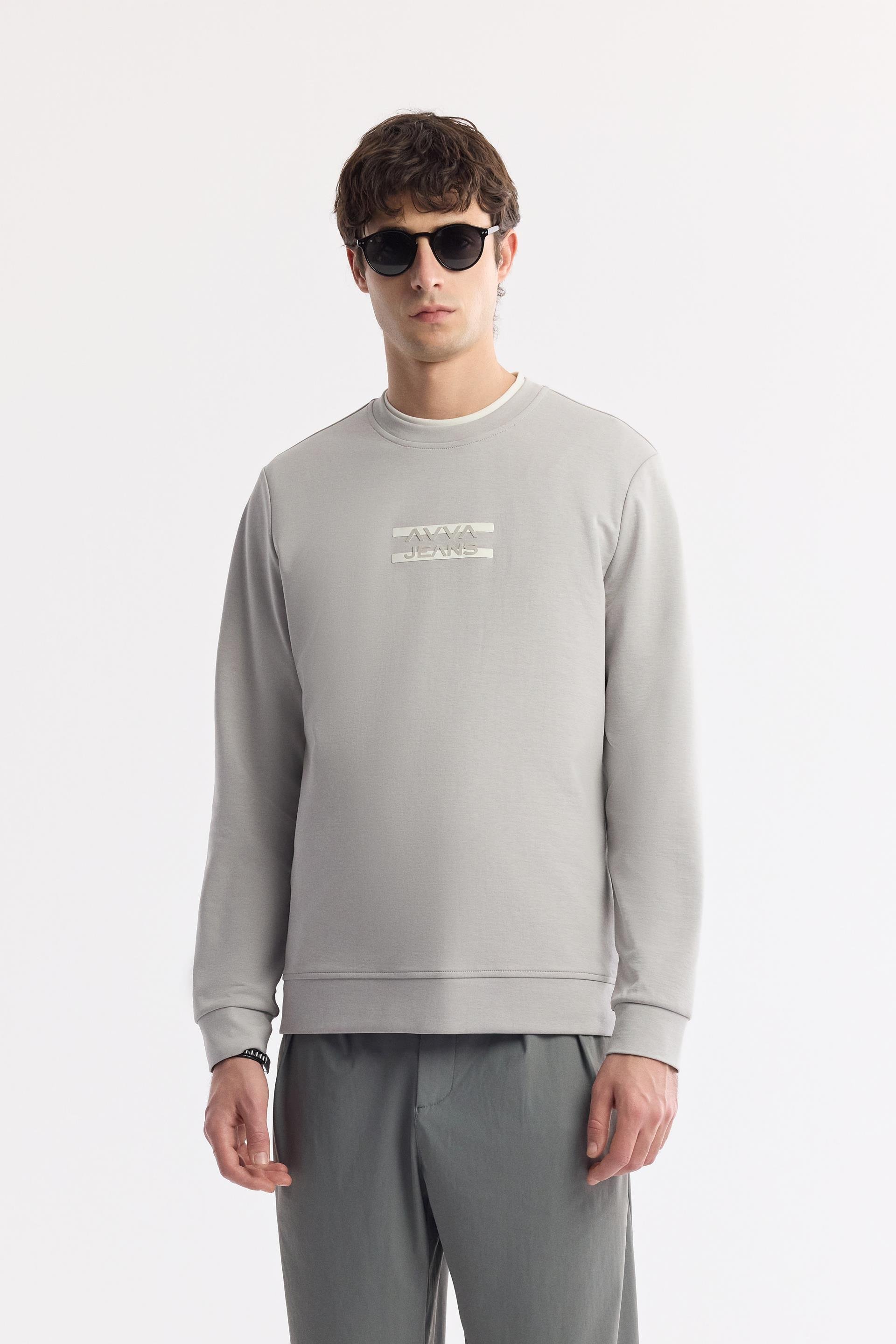 Gri Bisiklet Yaka Silikon Transfer Baskılı İnterlok Sweatshirt
