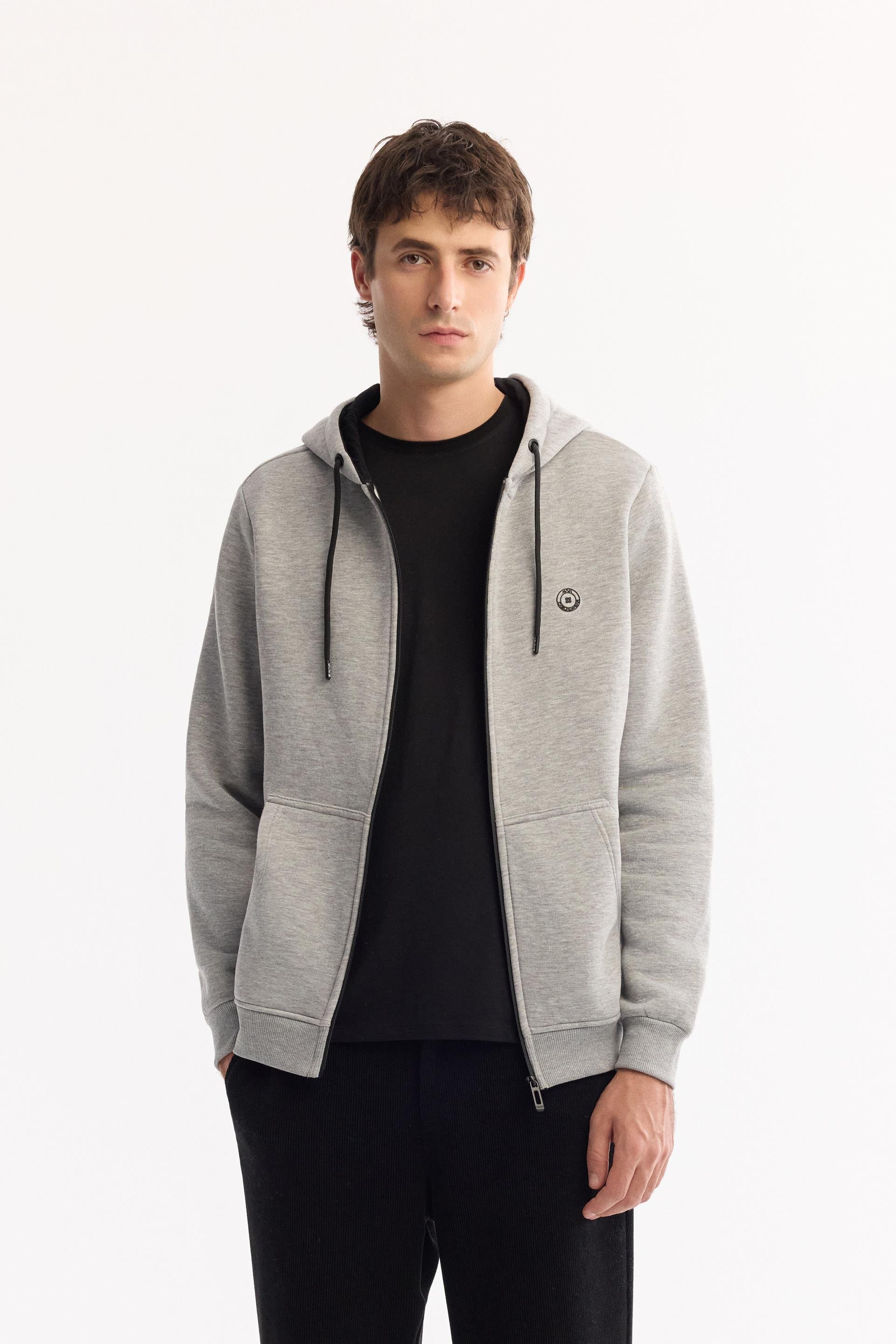 Gri Kapüşonlu 3 İplik Şardonlu Fermuarlı Sweatshirt