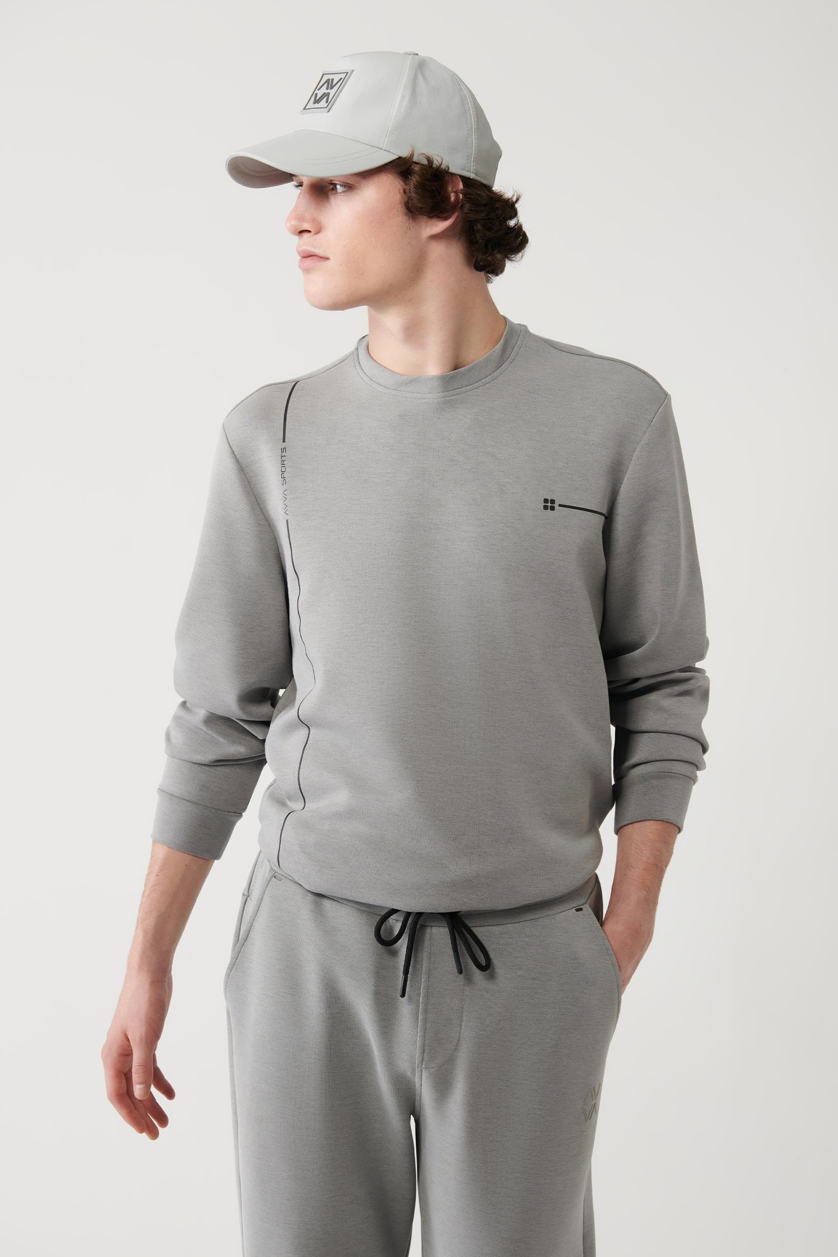 Gri Soft Touch Bisiklet Yaka Baskılı Sweatshirt