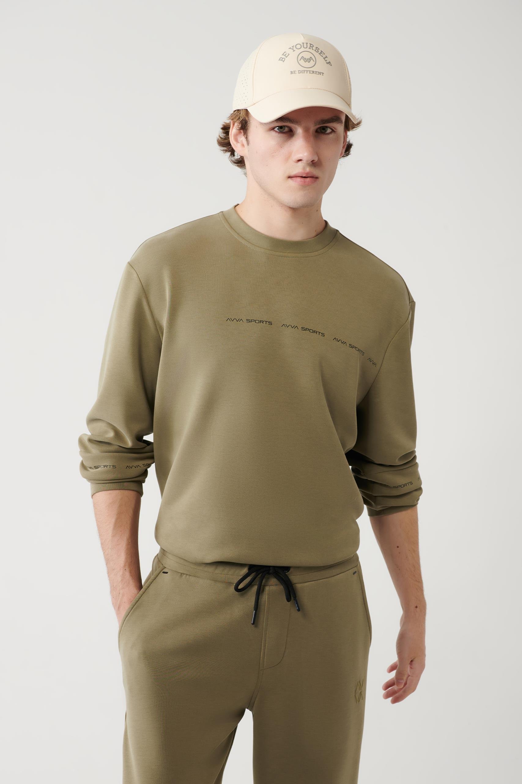 Haki Soft Touch Bisiklet Yaka Baskılı Sweatshirt