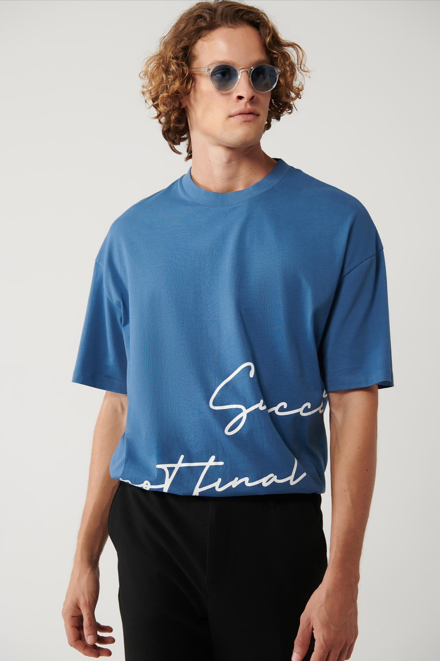İndigo Bisiklet Yaka Baskıllı Oversize T-shirt