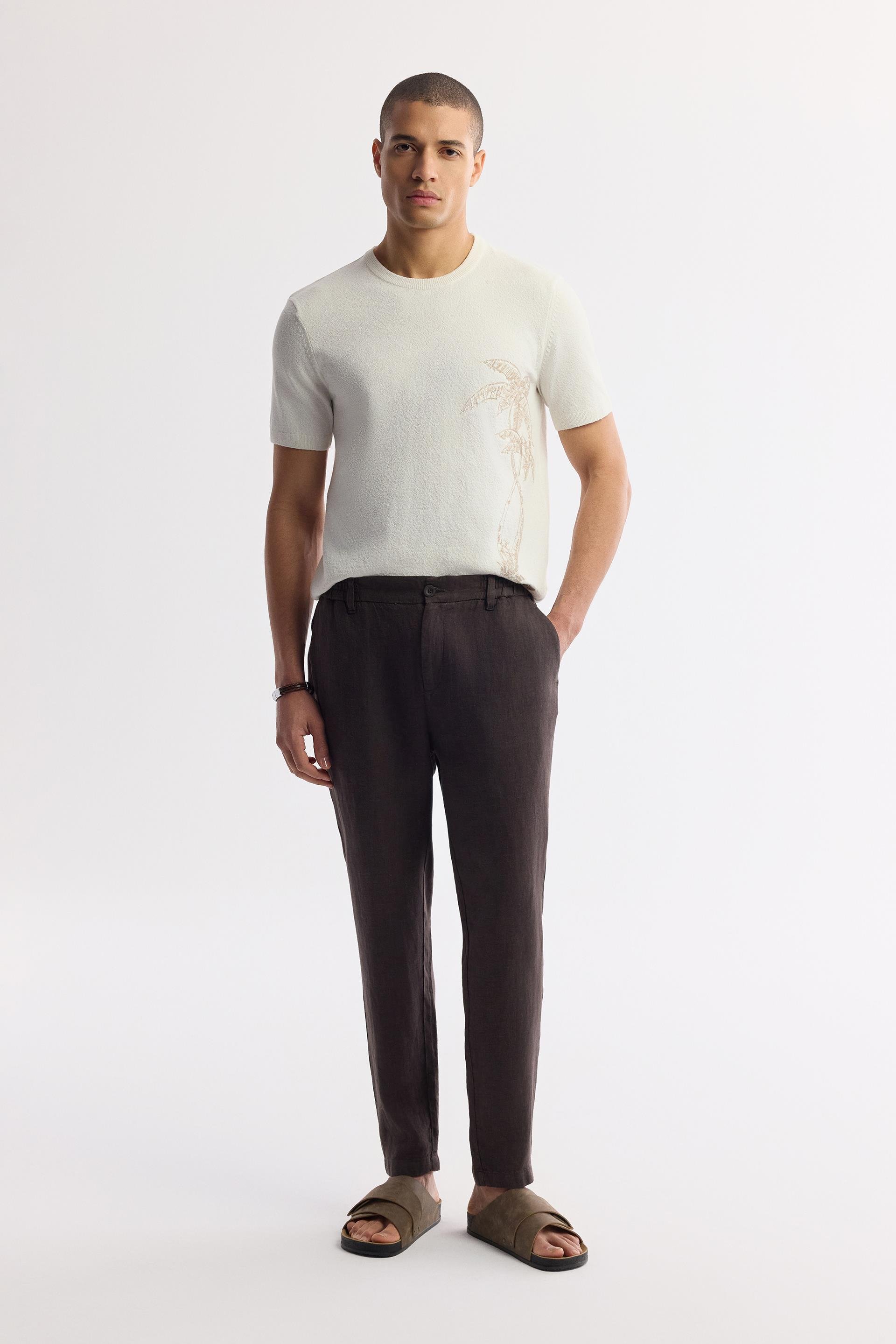 Kahve Beli Lastikli %100 Keten Issos Relaxed Fit Pantolon
