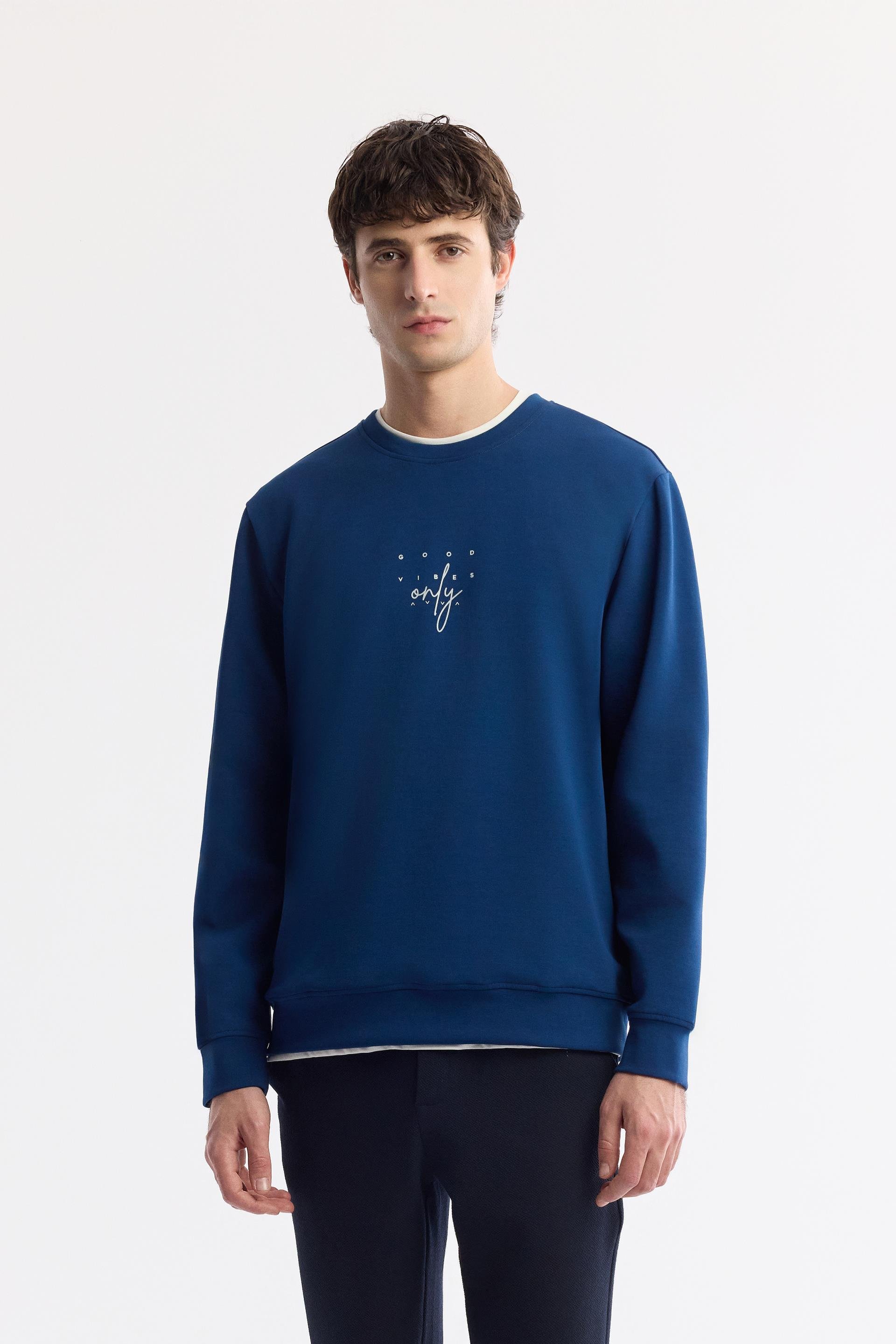 Lacivert Bisiklet Yaka Baskılı İnterlok Sweatshirt