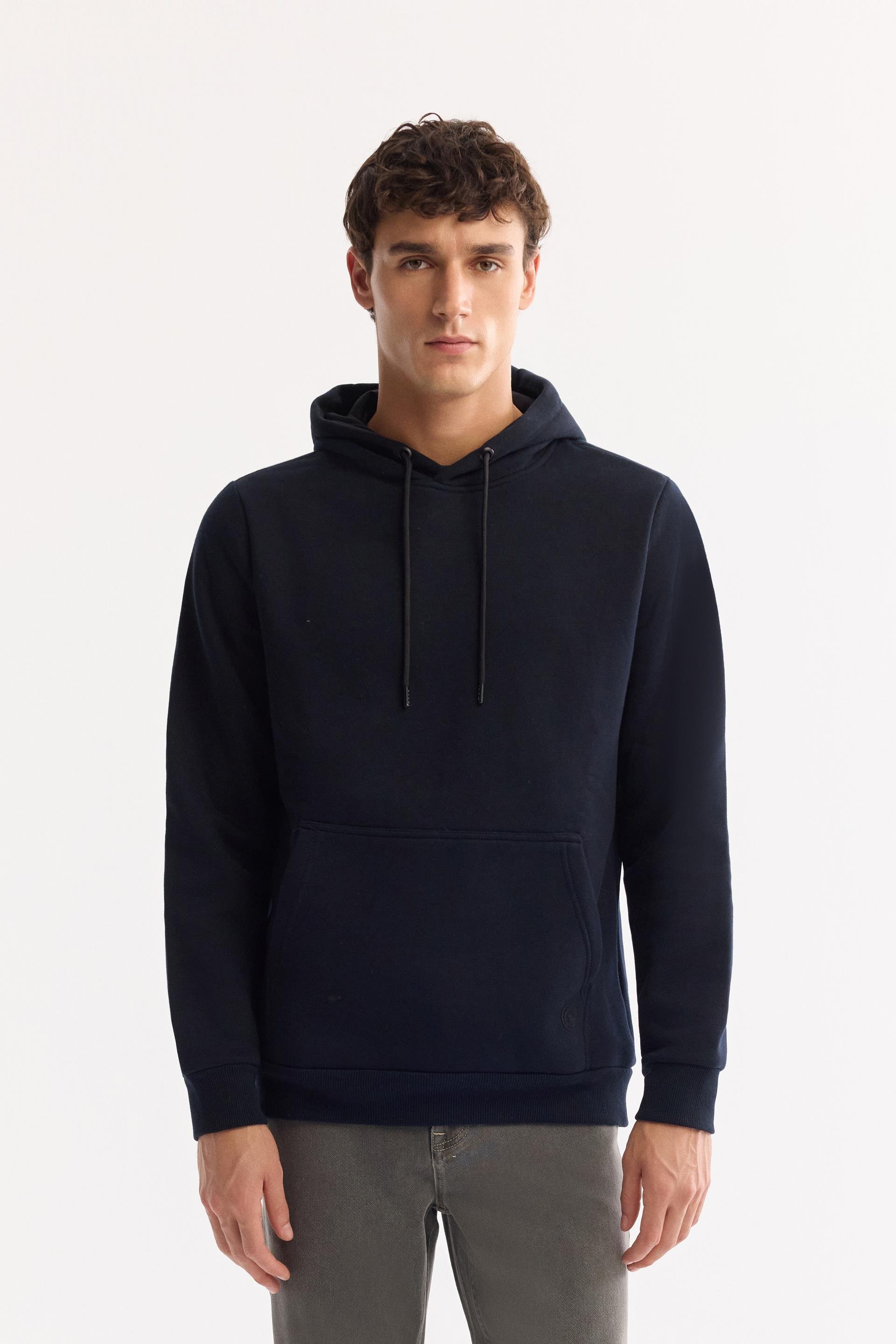 Lacivert Kapüşonlu 3 İplik Şardonlu Pamuklu Sweatshirt