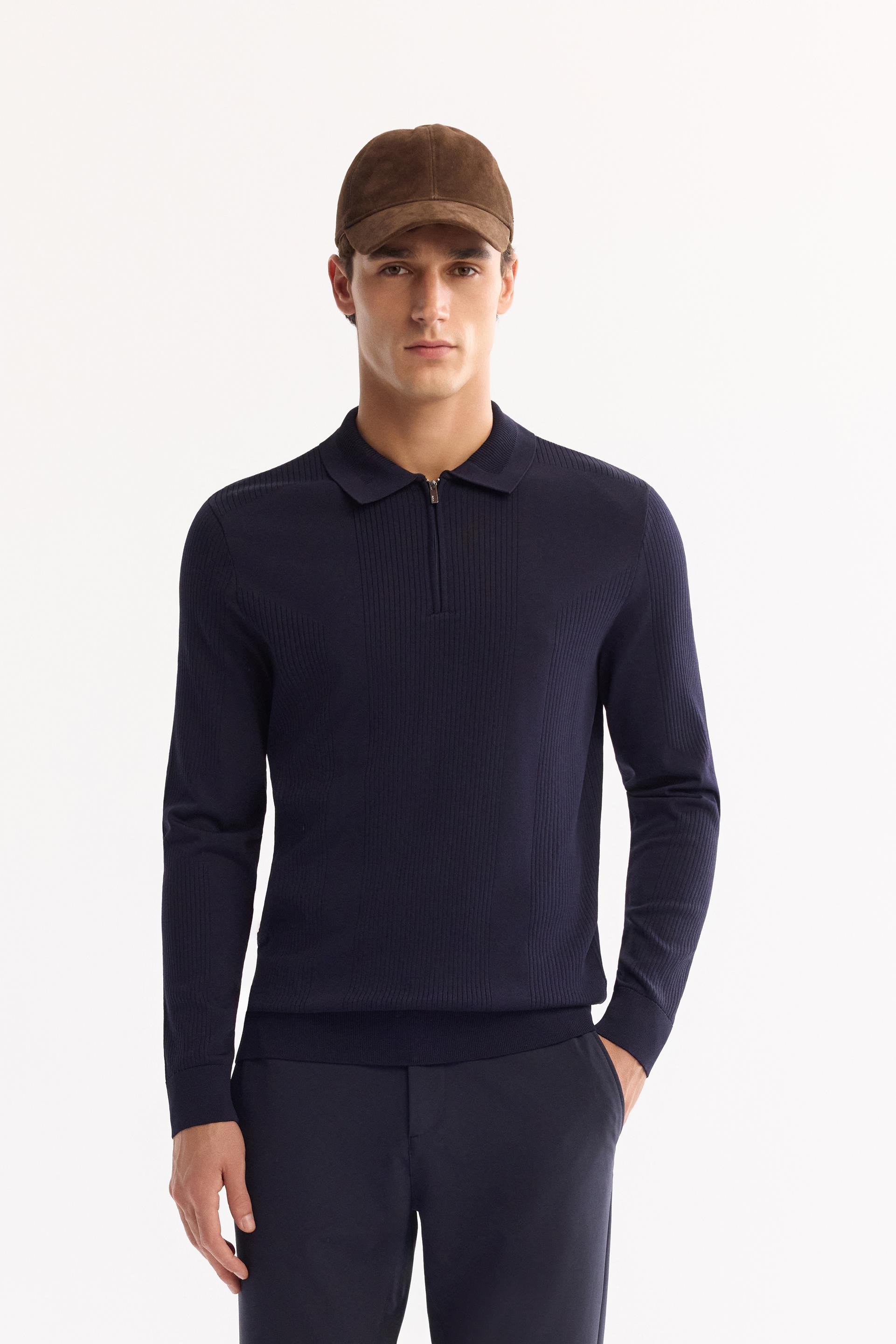 Lacivert Polo Yaka Fermuarlı Boyuna Ajur Detaylı Rayon Kazak