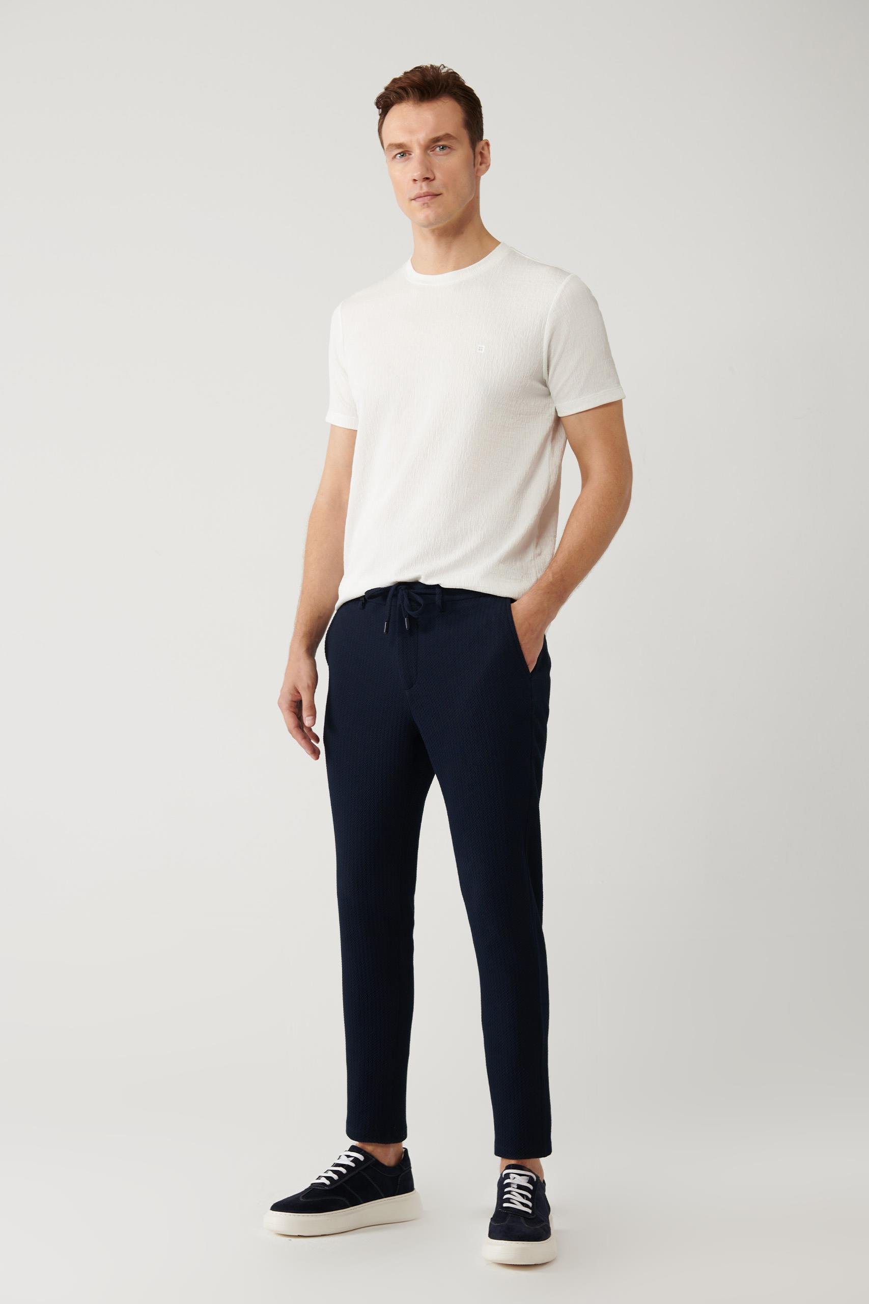 Lacivert Yan Cepli Bi Stretch Kumaşlı Beli Lastikli ve Bağcıklı Pantolon