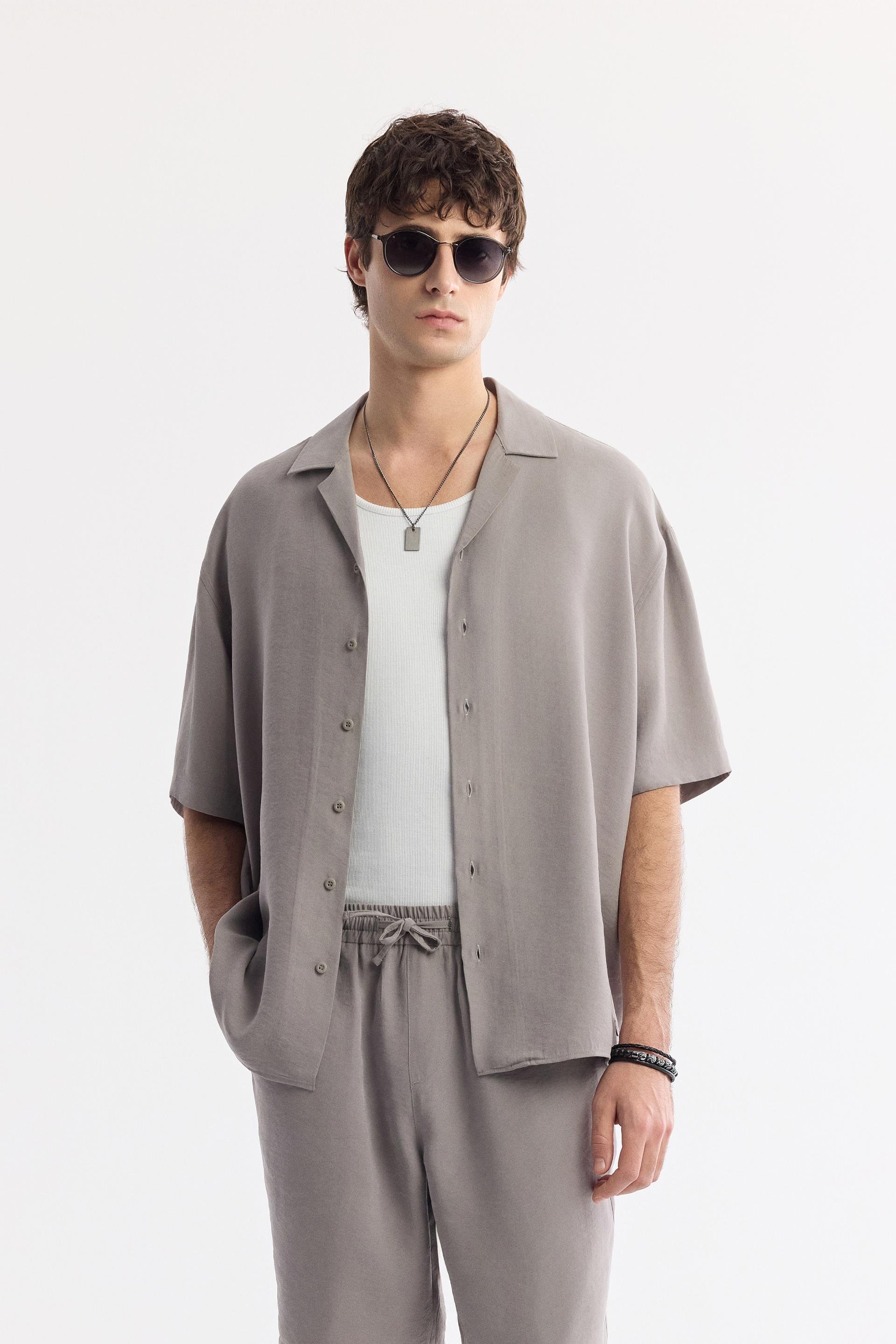 Nardo Gri Küba Yaka Modal Karışımlı Oversize Fit Kısa Kol Gömlek
