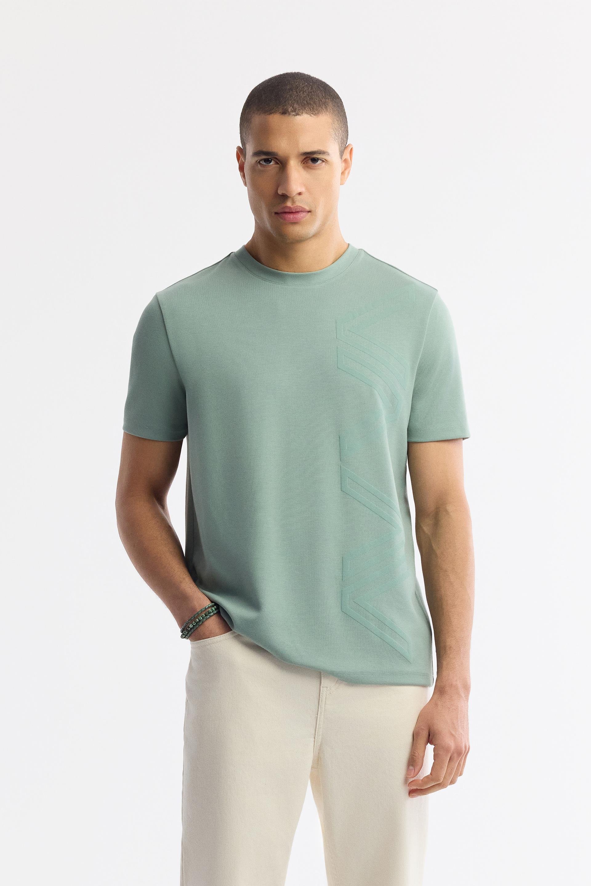 Nil Yeşili Bisiklet Yaka Puff Print T-Shirt