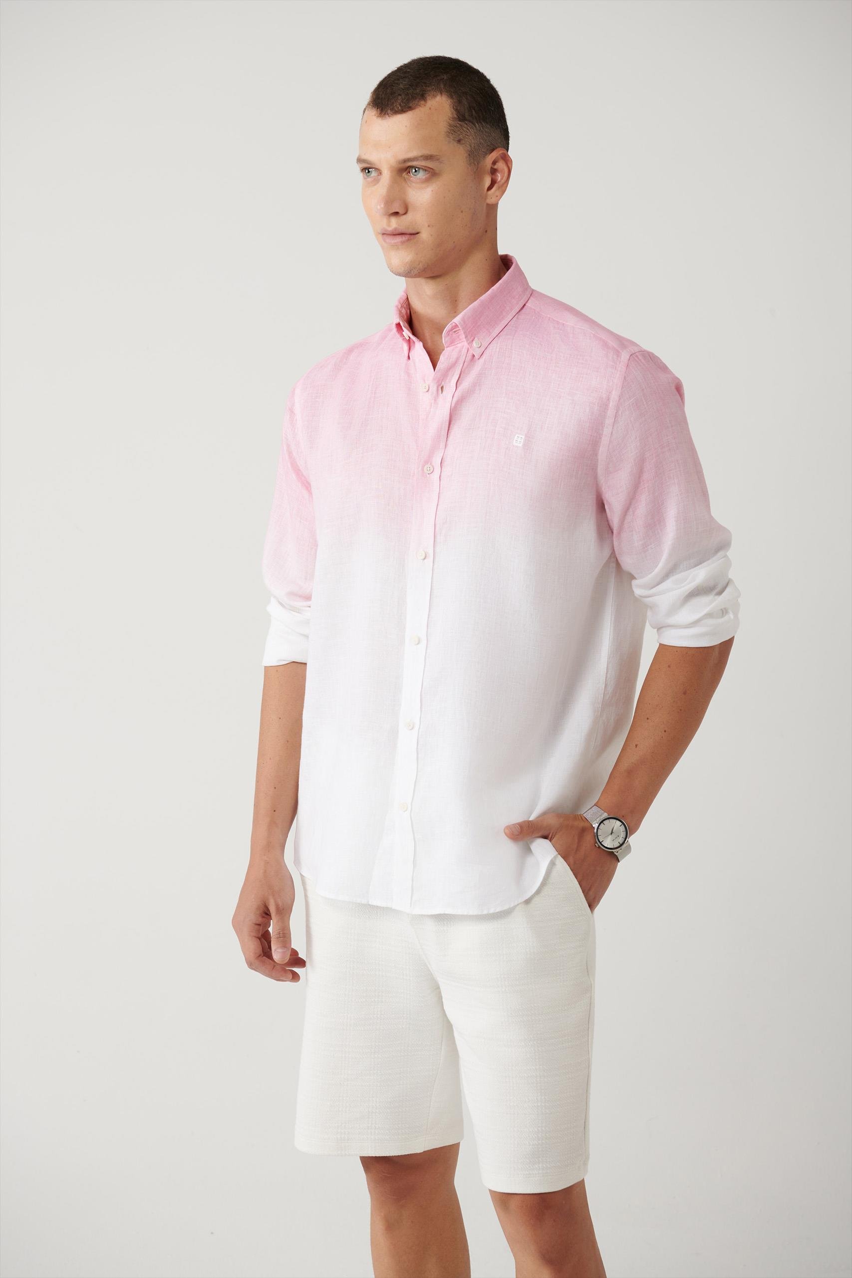 Pembe Düğmeli Yaka Renk Geçişli %100 Keten Comfort Fit Gömlek