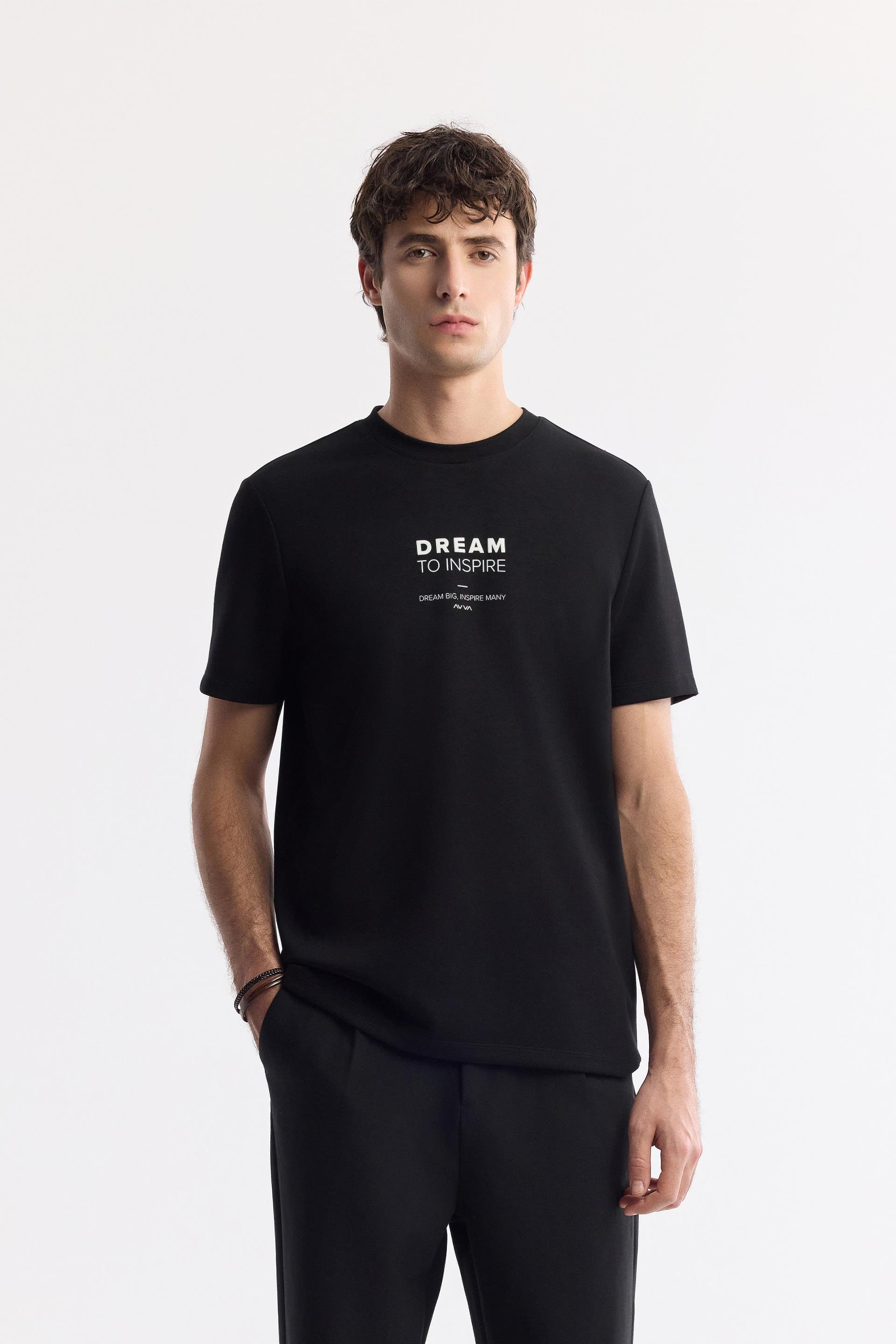 Siyah Bisiklet Yaka Baskılı Bi Stretch İnterlok T-Shirt