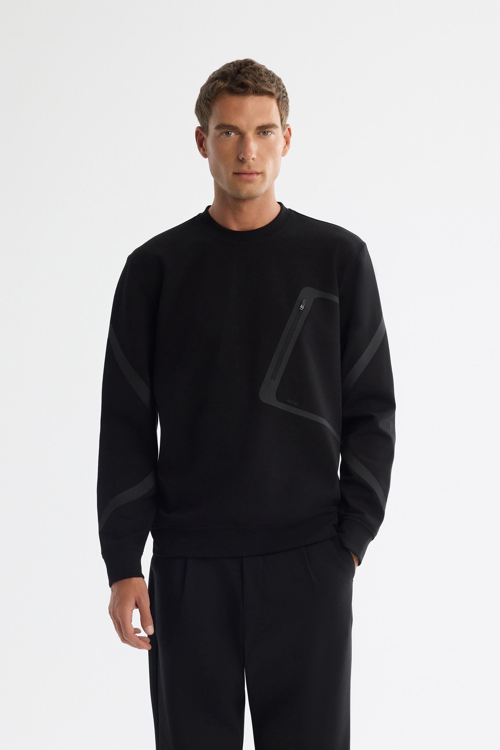 Siyah Bisiklet Yaka Baskılı Fermuarlı Sweatshirt
