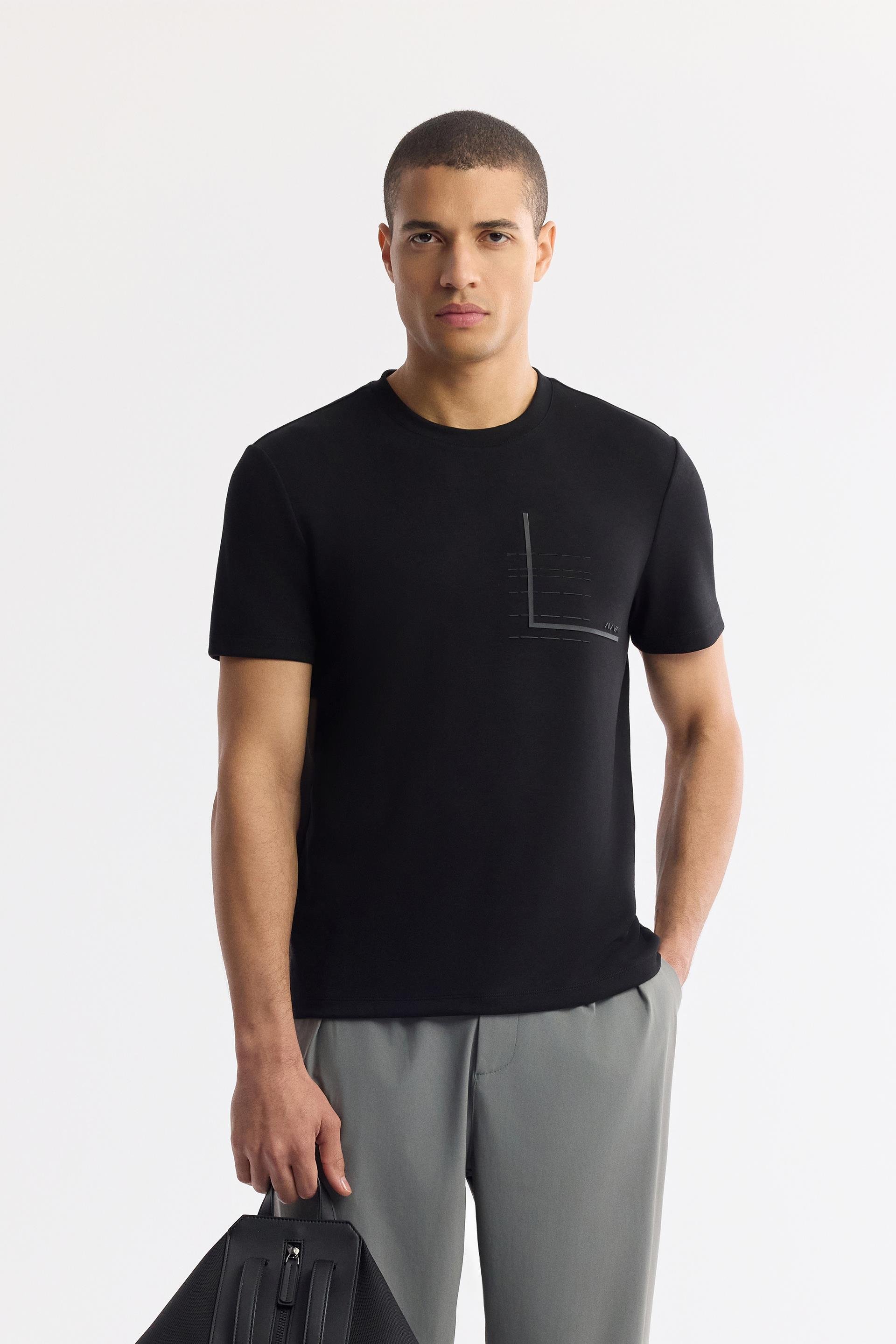 Siyah Bisiklet Yaka Enjeksiyon & Transfer Cep Baskılı İnterlok T-Shirt