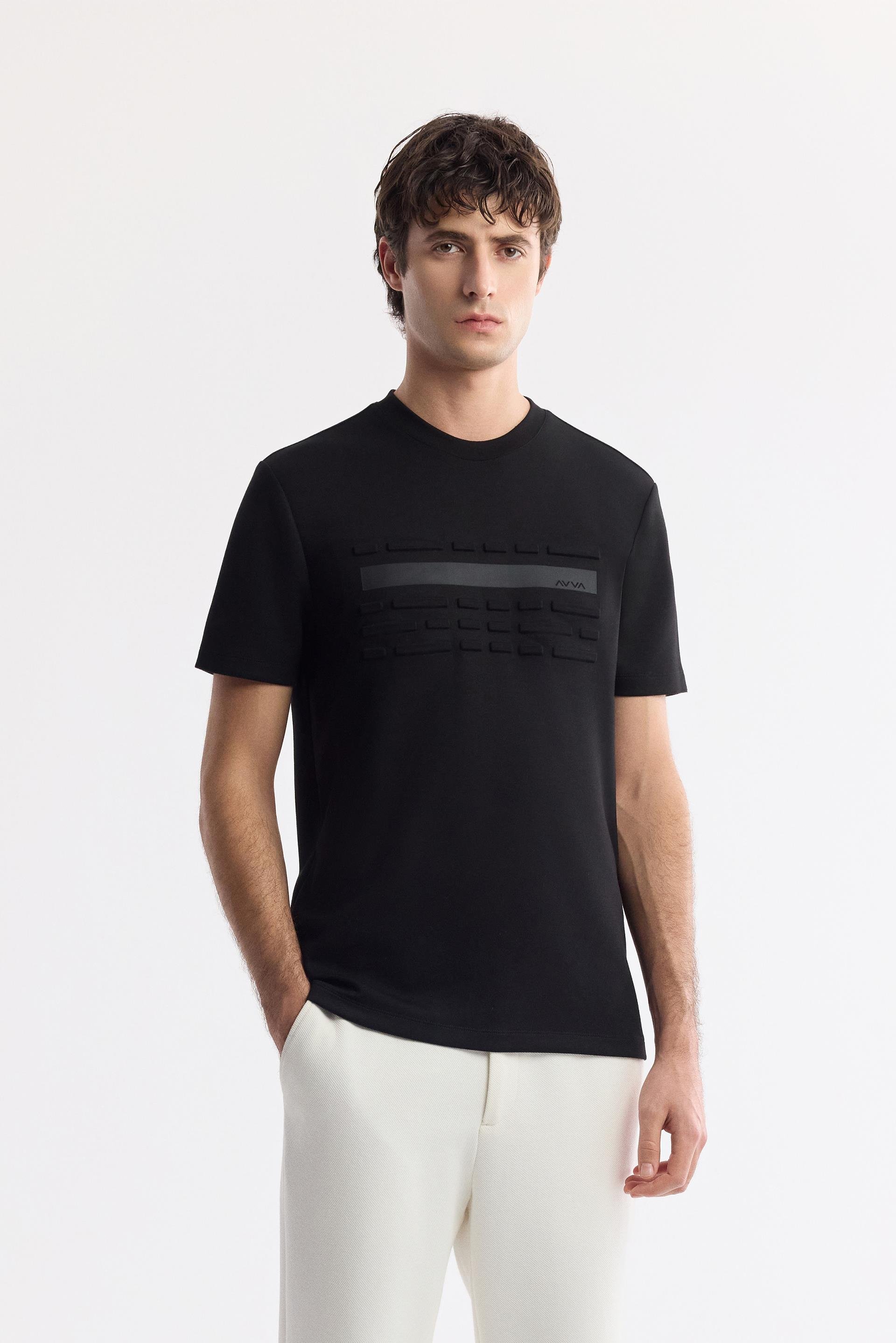 Siyah Bisiklet Yaka Flexi & Gofre Baskı Detaylı İnterlok T-Shirt