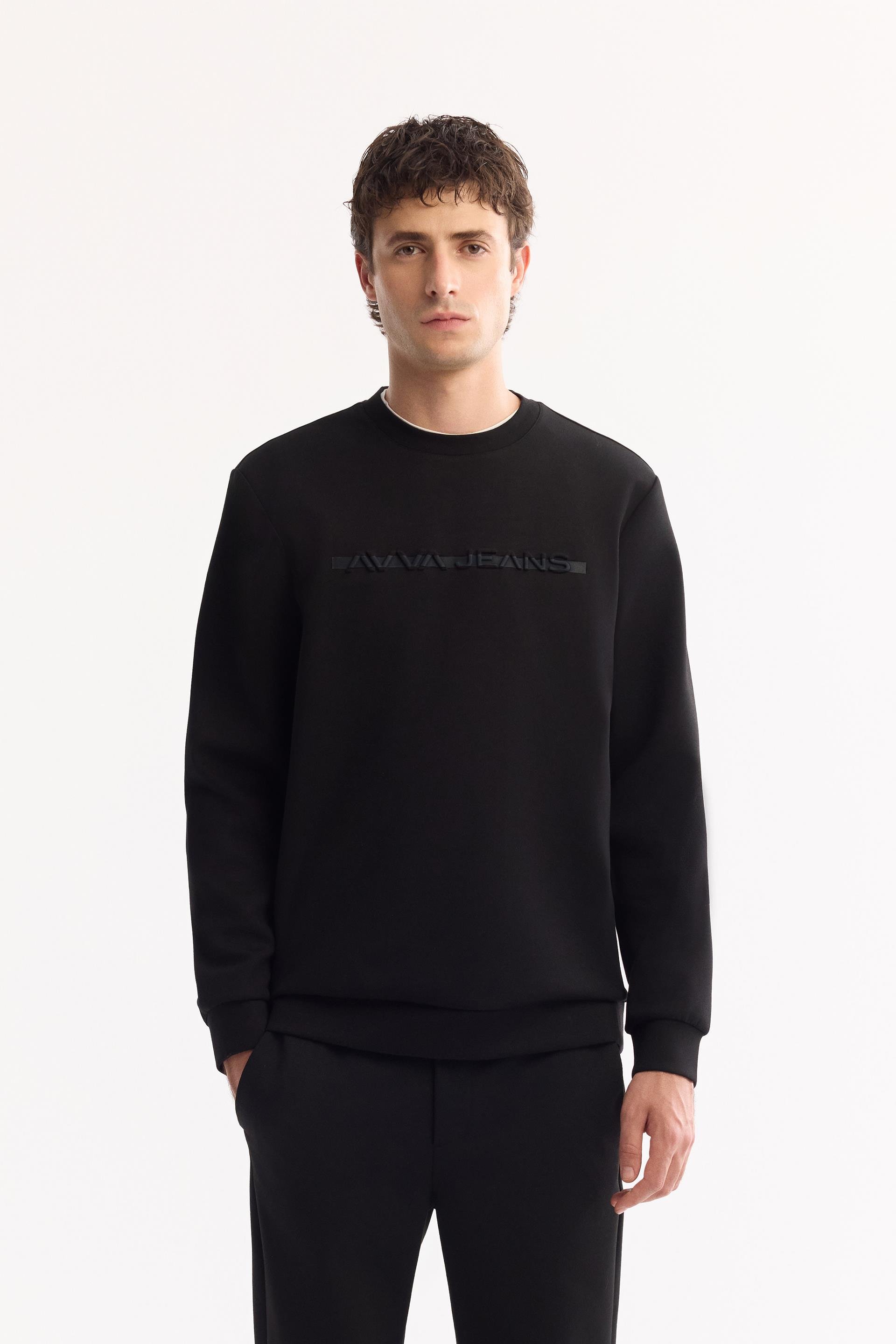 Siyah Bisiklet Yaka Gofre  Baskılı İnterlok Sweatshirt