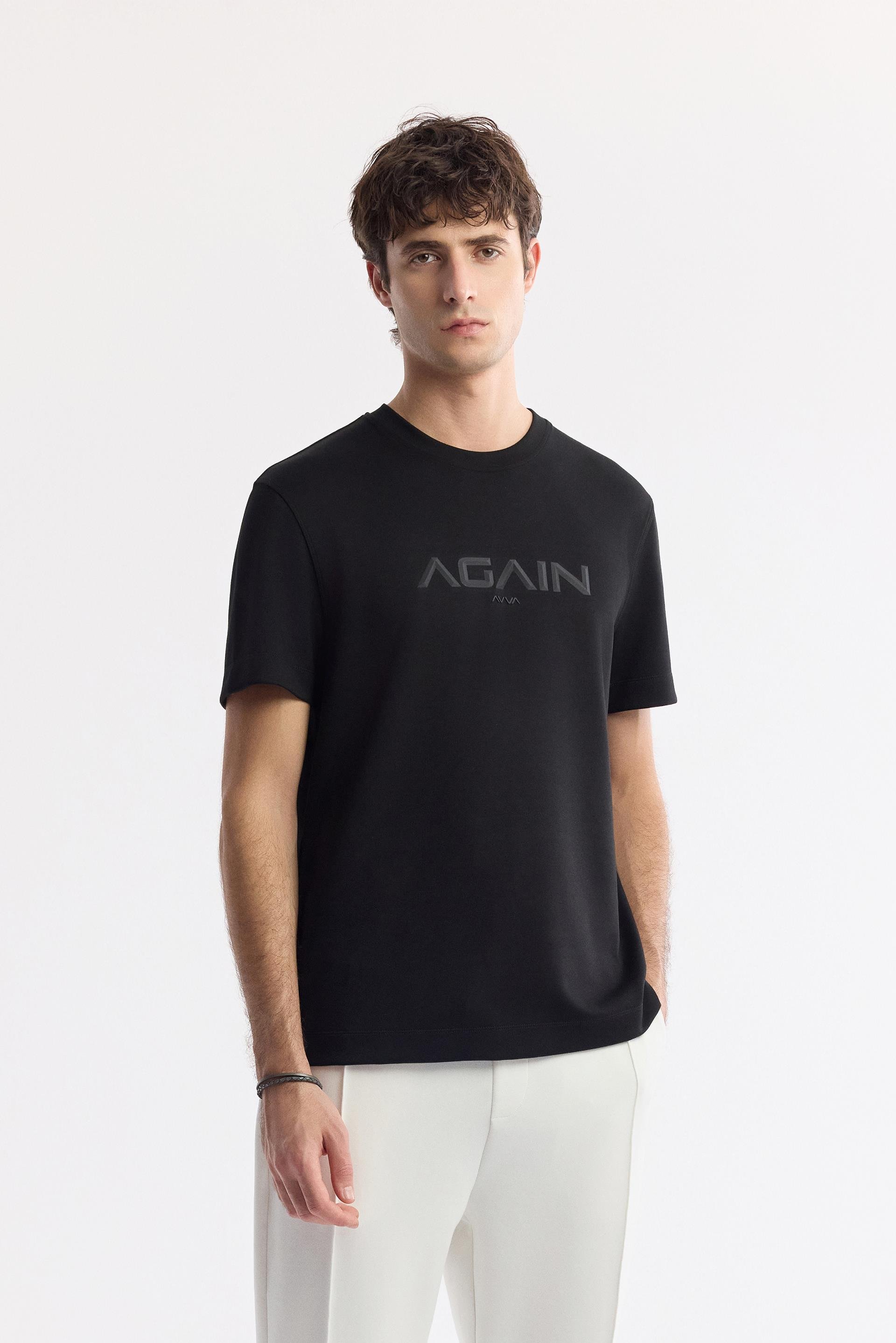 Siyah Bisiklet Yaka Hologram Baskılı İnterlok T-Shirt