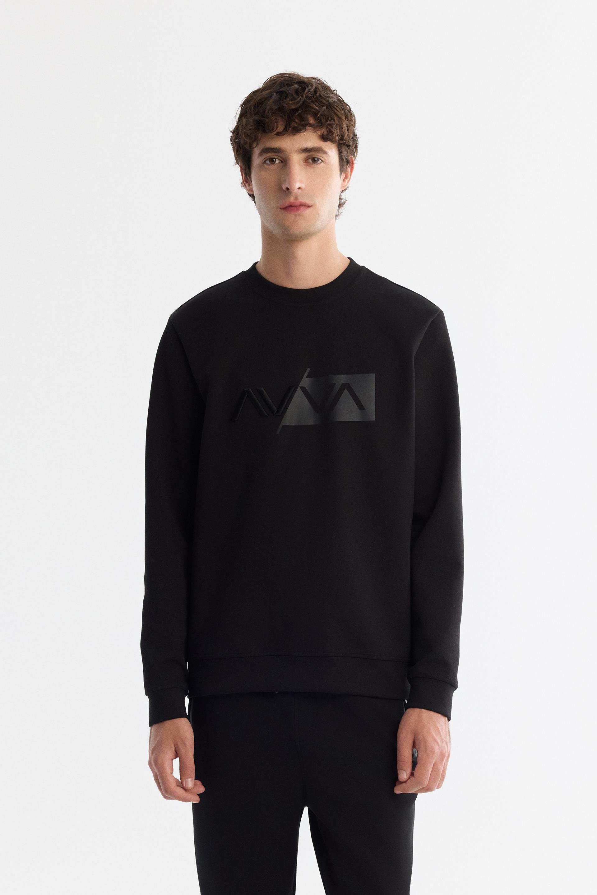 Siyah Bisiklet Yaka Pamuklu Baskılı Sweatshirt