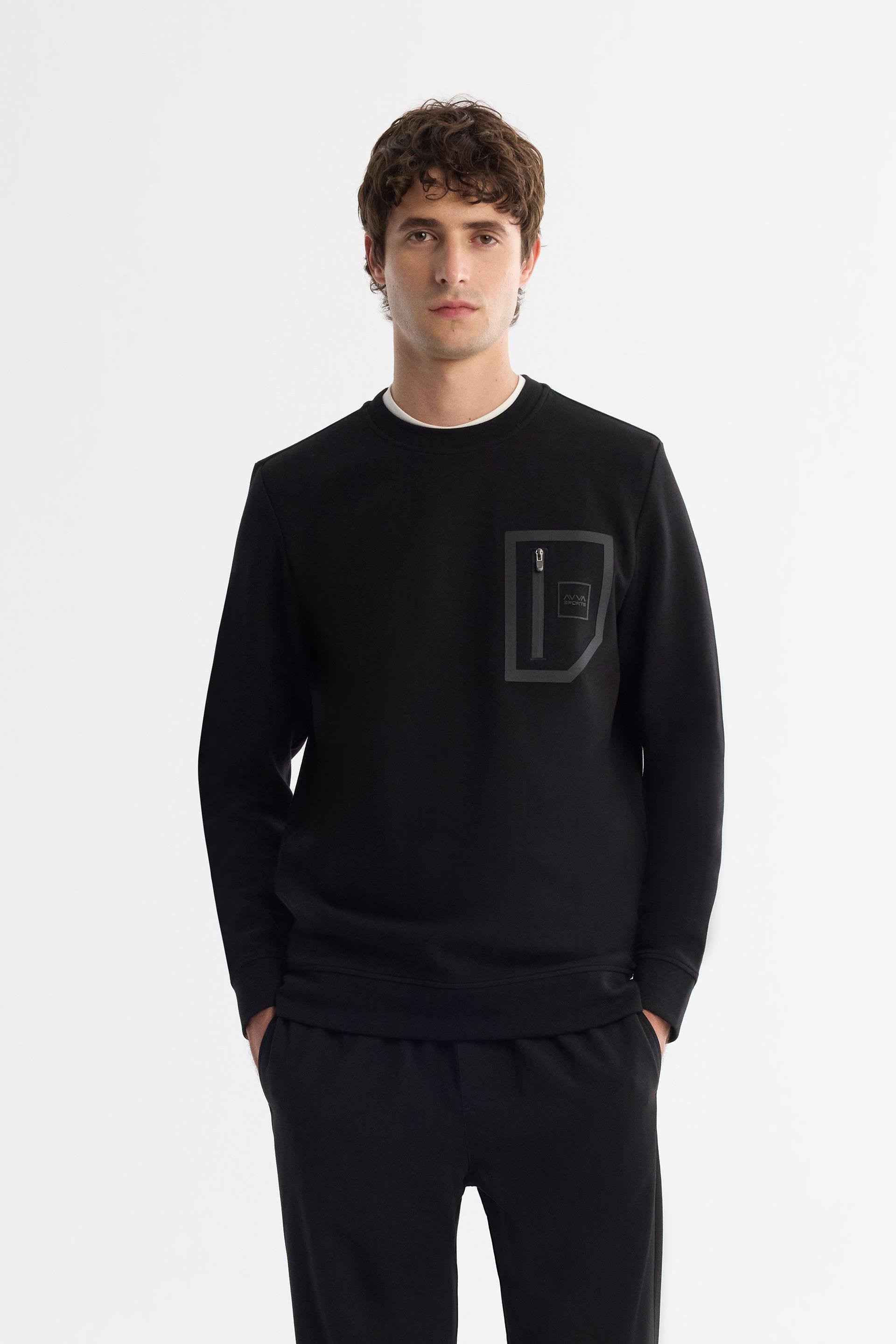 Siyah Bisiklet Yaka Pamuklu Baskılı Sweatshirt