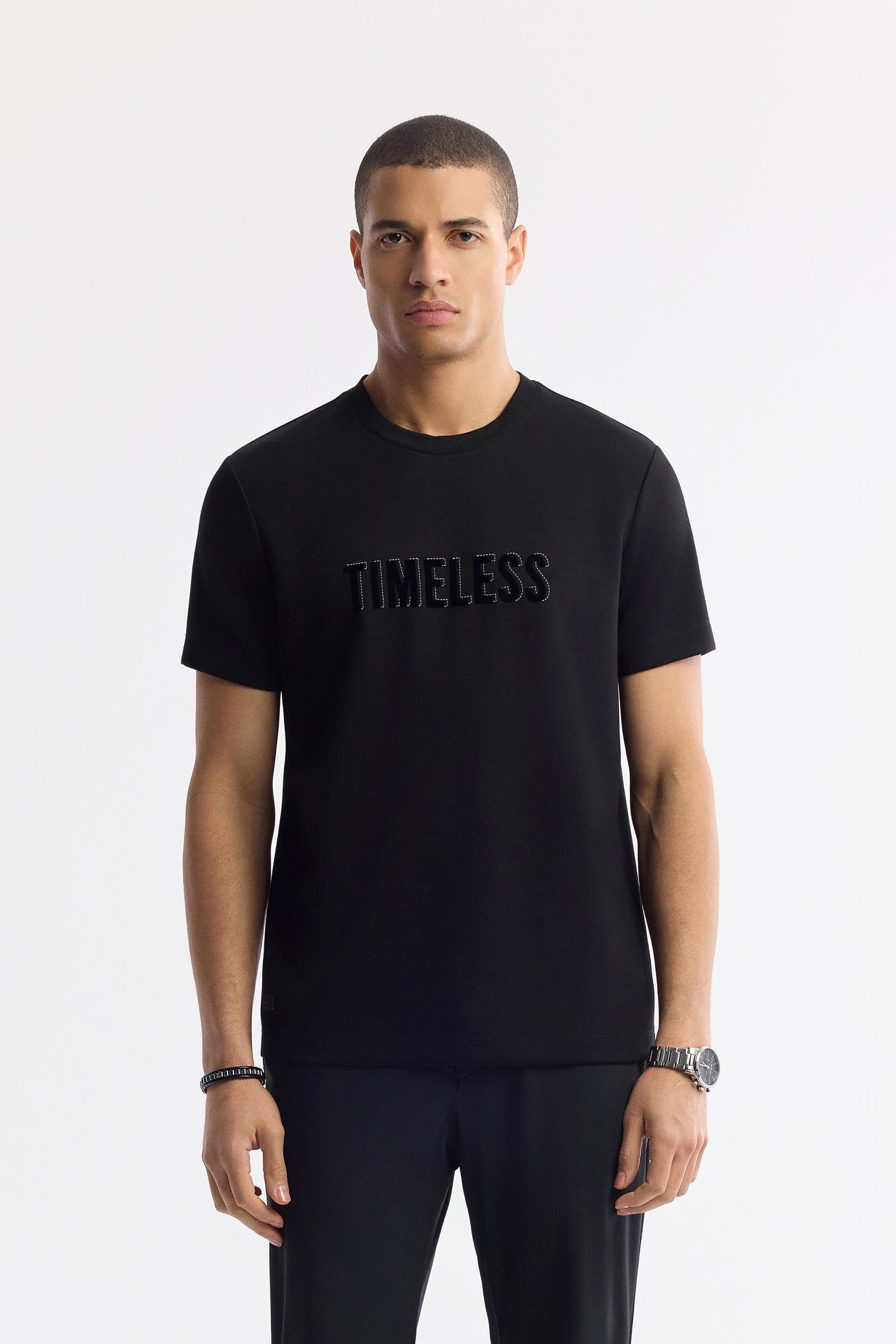 Siyah Bisiklet Yaka Slogan Baskılı İnterlok T-Shirt