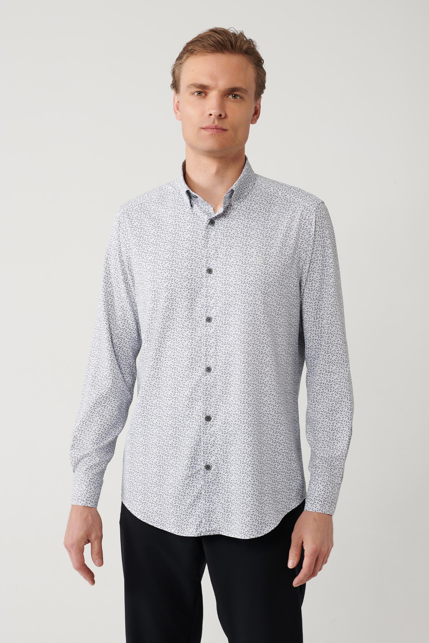 Siyah-Gri Alttan Britli Yaka Desenli Travel Slim Fit Gömlek