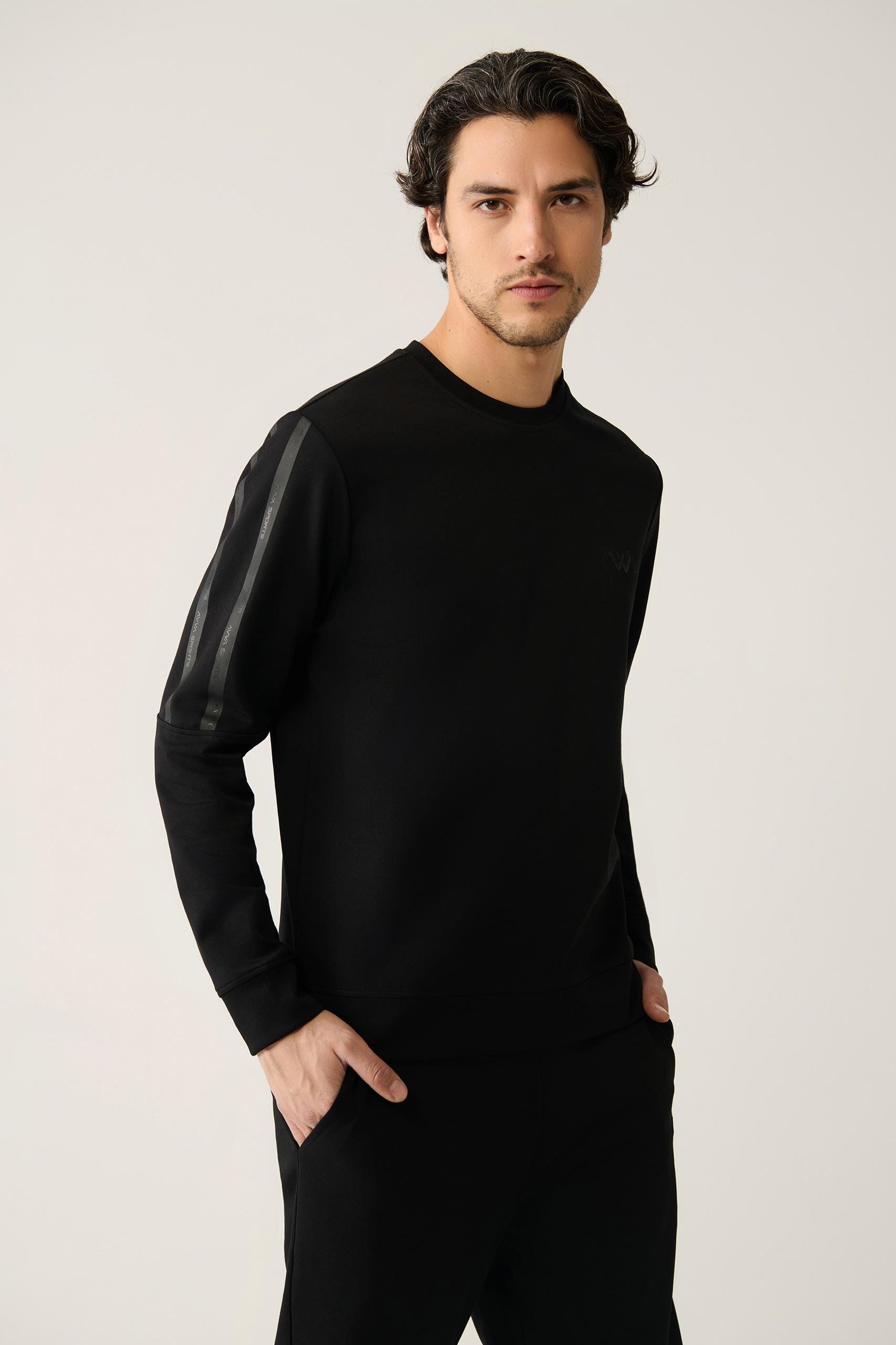 Siyah İnterlok Baskılı Bisiklet Yaka Sweatshirt