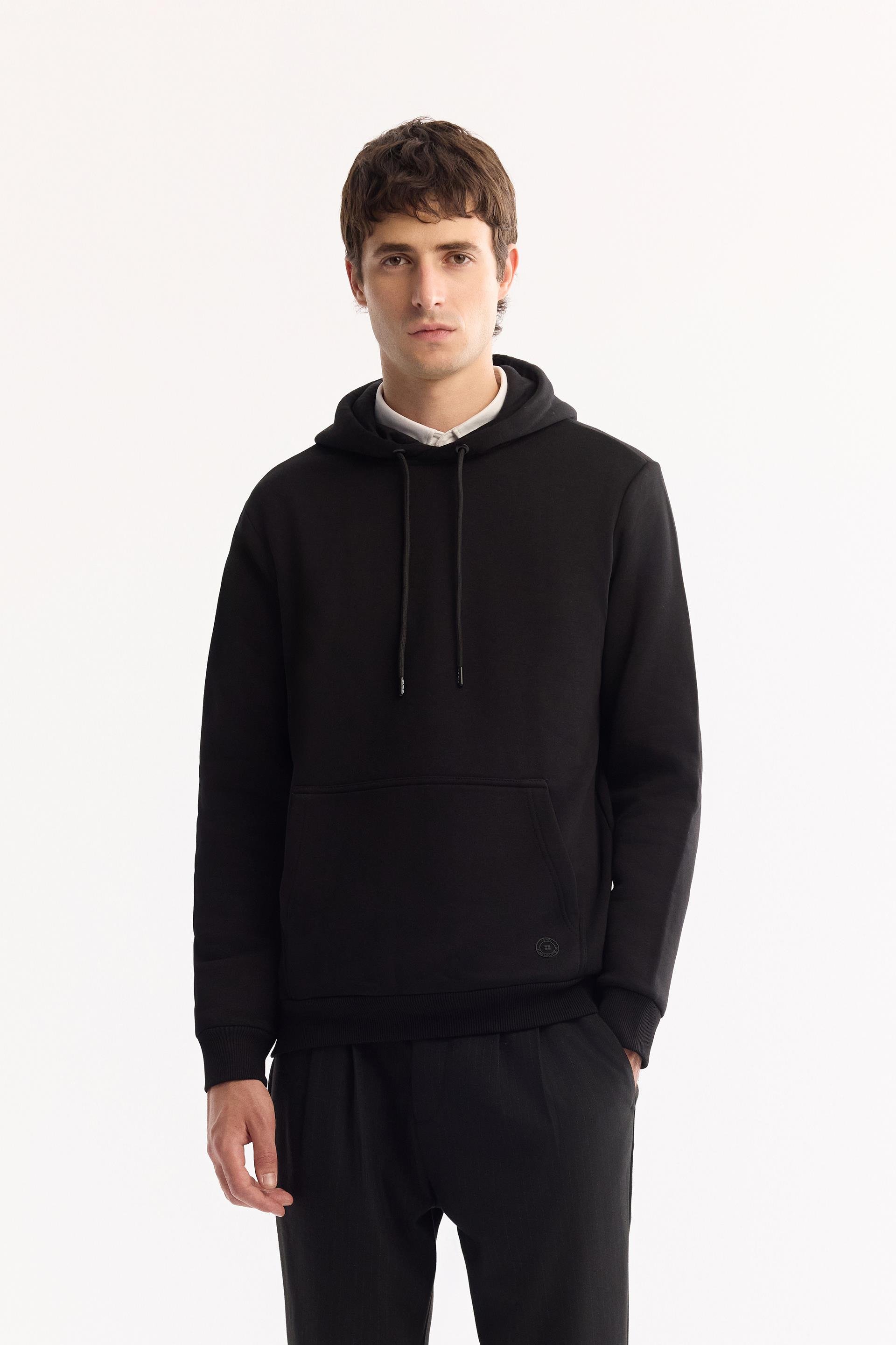 Siyah Kapüşonlu 3 İplik Şardonlu Pamuklu Sweatshirt