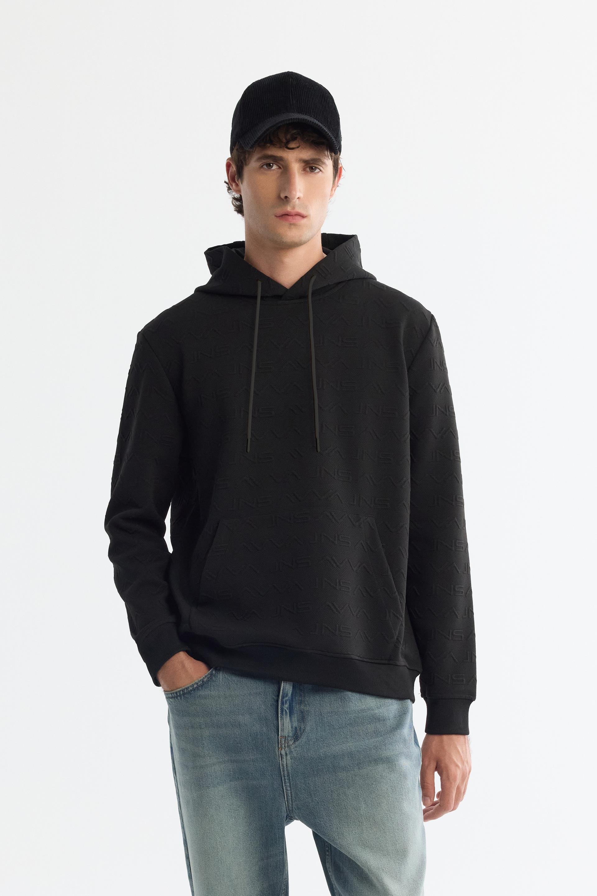 Siyah Kapüşonlu Baskılı Sweatshirt