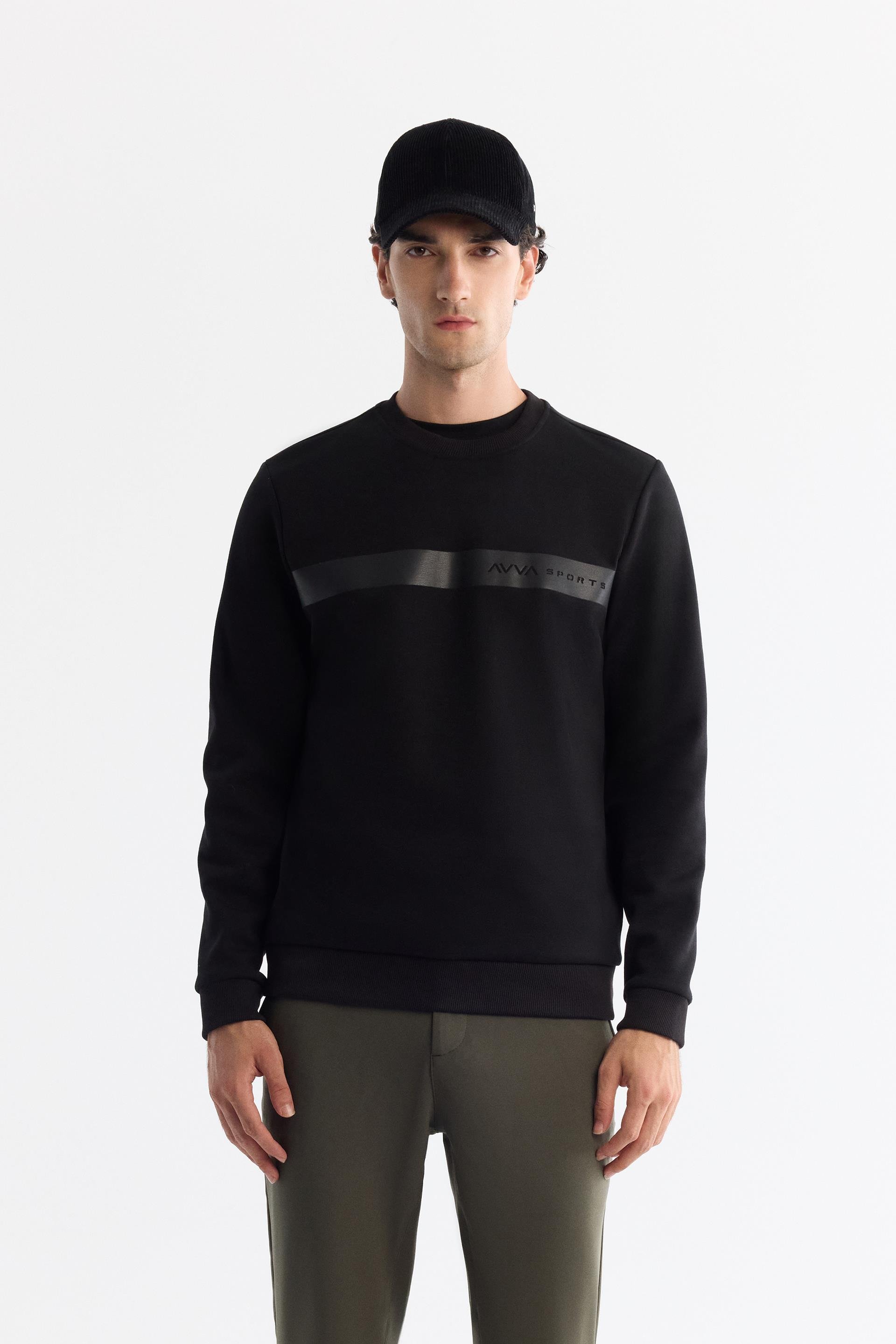 SiyahBisiklet Yaka Pamuklu Baskılı Elastan Sweatshirt