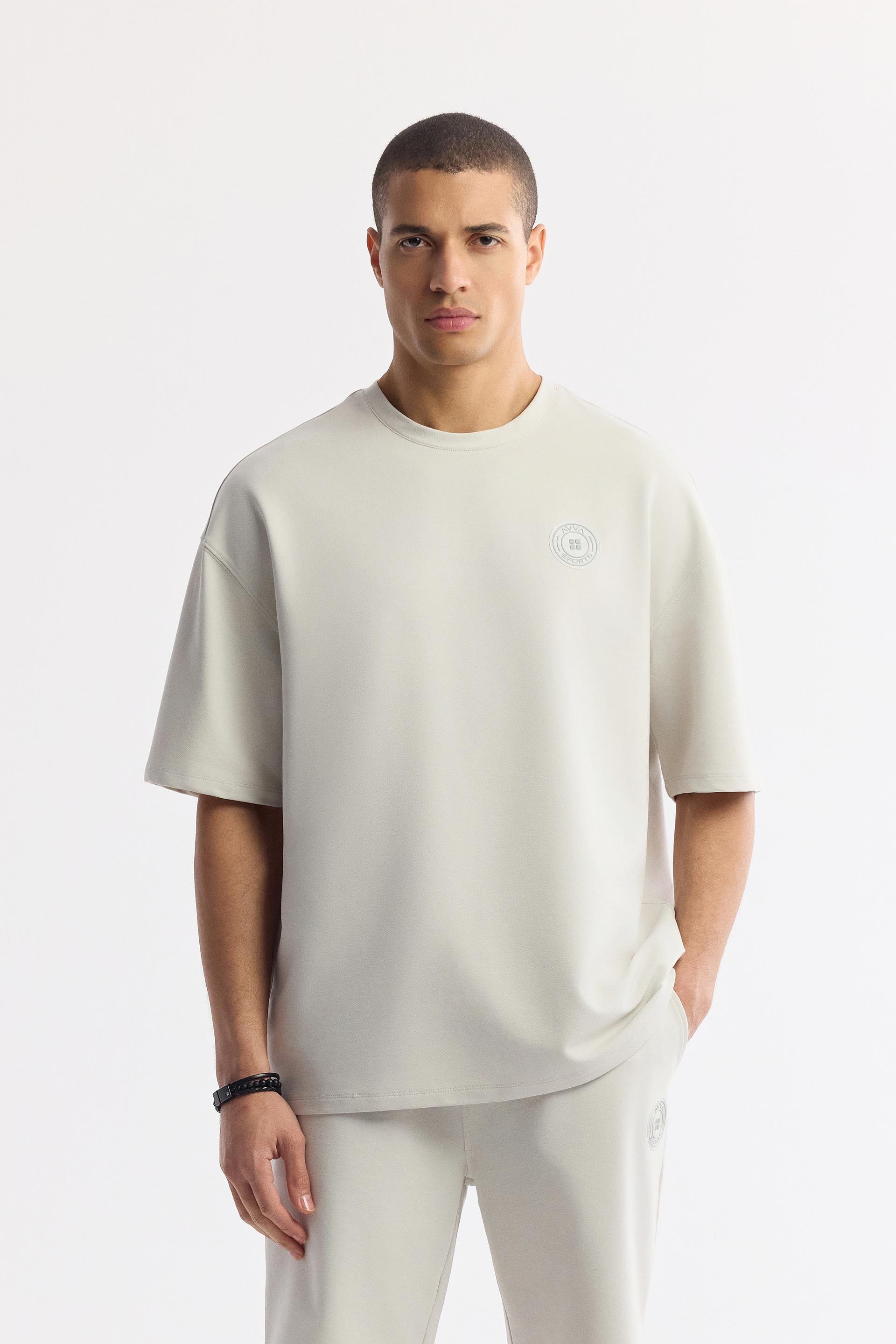 Taş Bisiklet Yaka Oversize Aplike Baskı Detaylı 2'İplik T-Shirt
