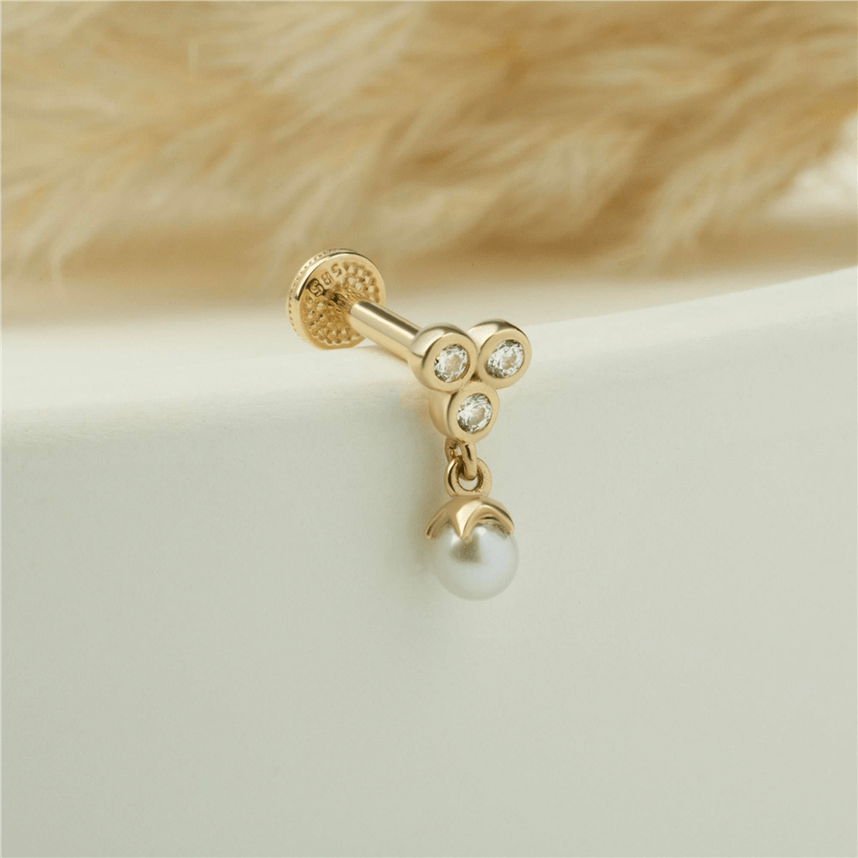 14 Ayar Altın 3 Taşlı İnci Sallantılı Minimal Tragus Piercing - Dianora Piercing Jewelry